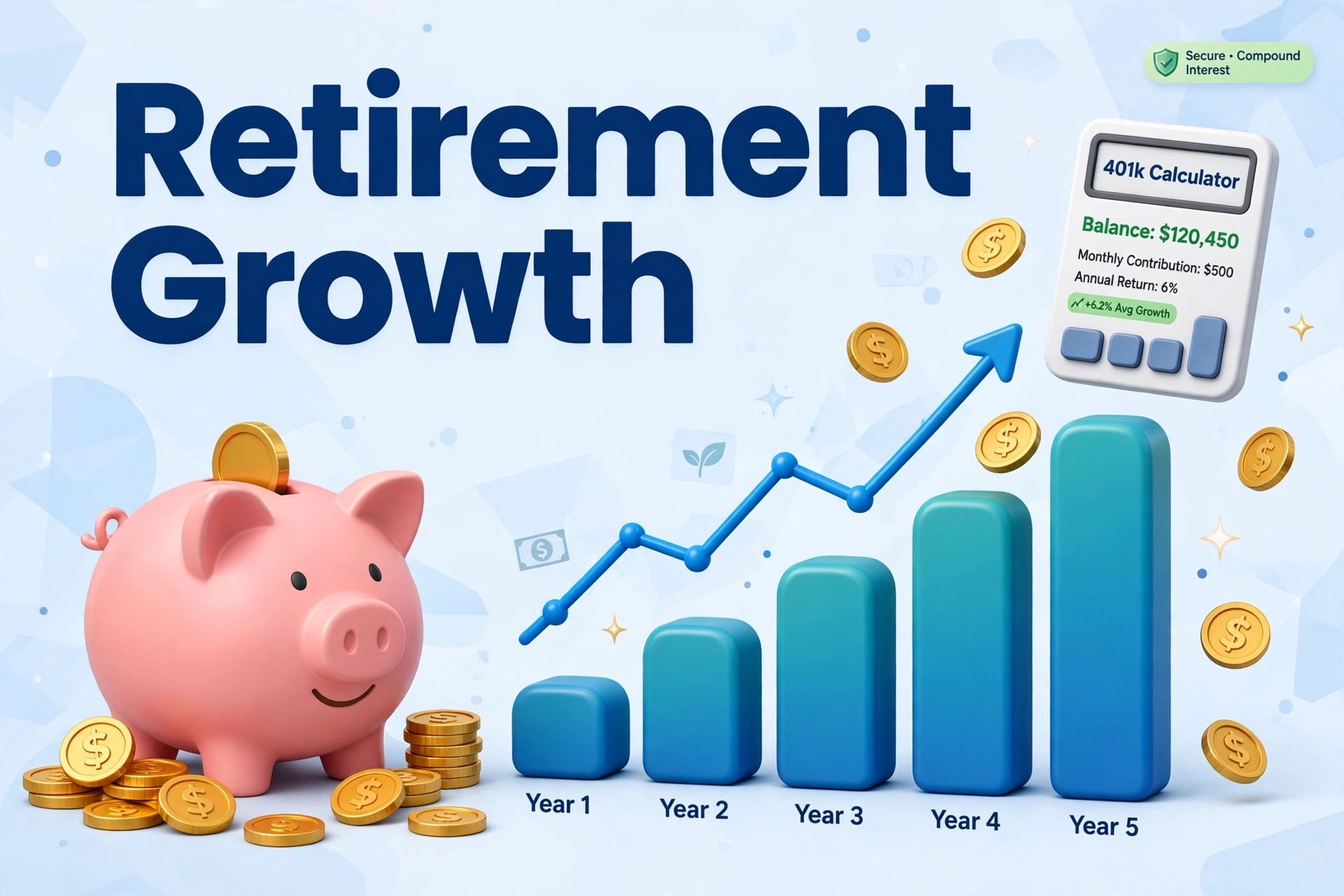 401(k) calculator hero: large 3D retirement savings chart with employer match labeled