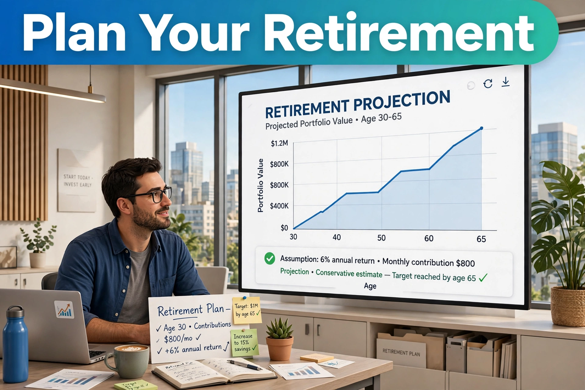 401(k) calculator second hero: a saver reviewing a retirement projection on a large screen