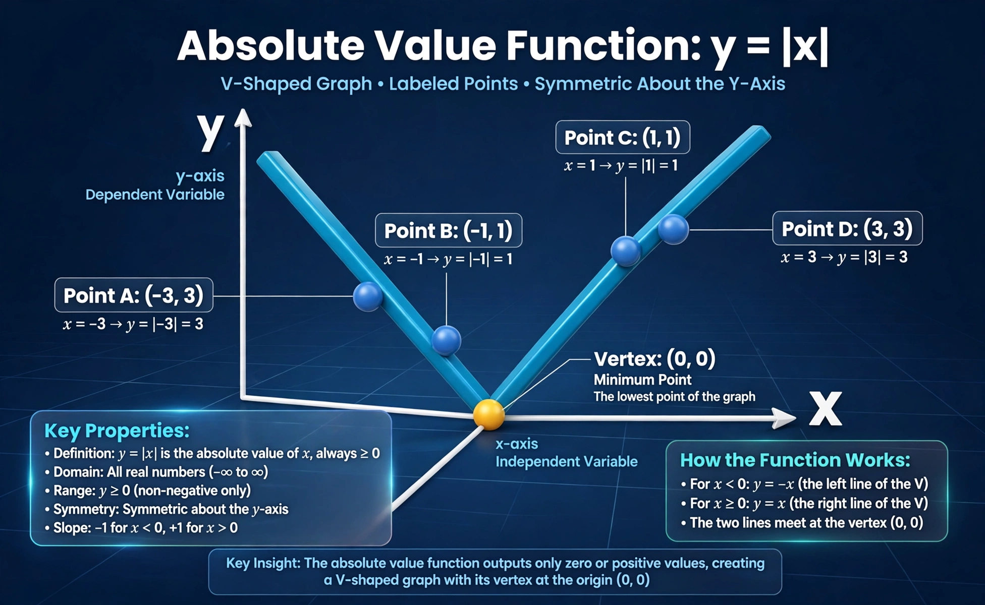 Absolute value graph: V-shaped y = |x| chart with labeled points