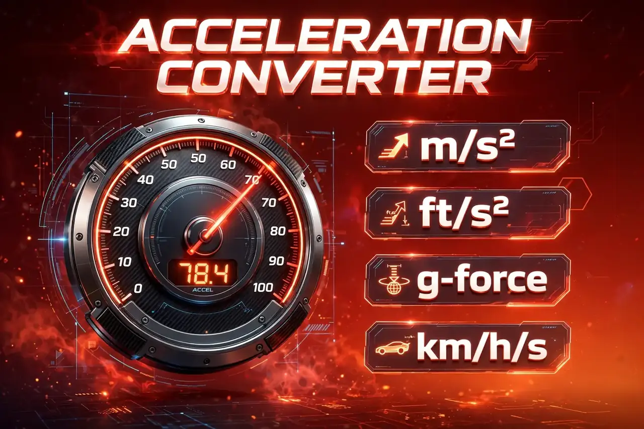Acceleration converter hero: 3D speedometer with m/s2, ft/s2, g-force labels