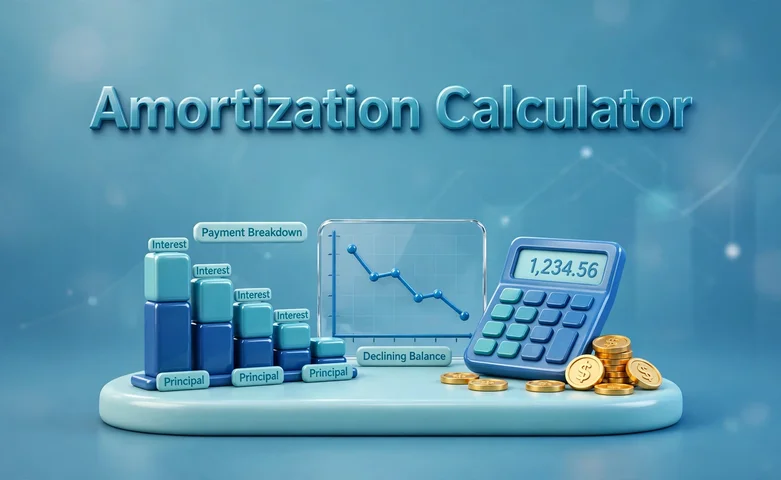 3D hero illustration of an amortization chart with principal and interest bars, a declining balance line graph, coins and a calculator, with Amortization Calculator text