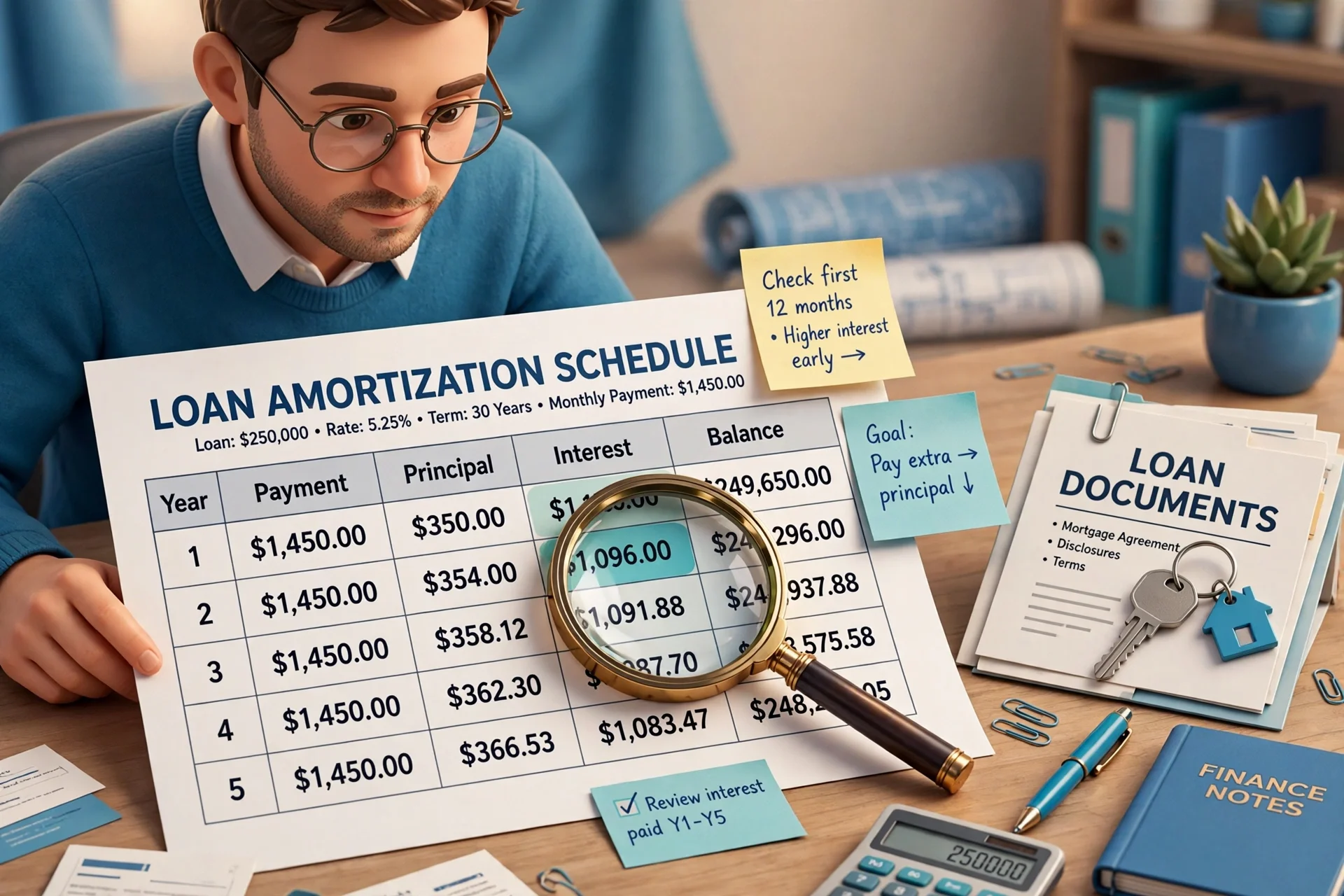 3D scene of a person reviewing a printed amortization schedule table with a magnifying glass over the interest column, with loan documents and a house key on the desk