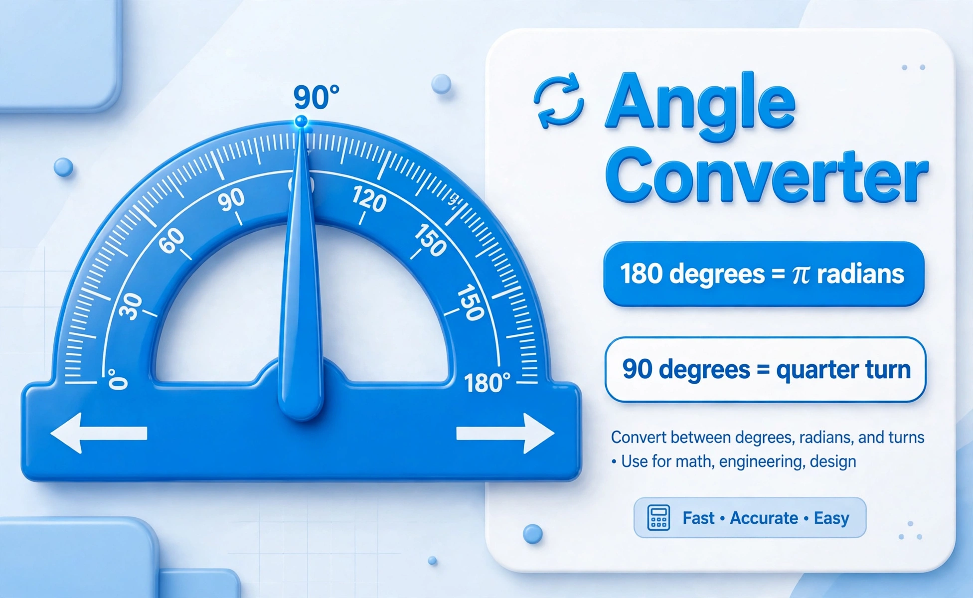 Angle converter hero: large 3D protractor showing 180 degrees