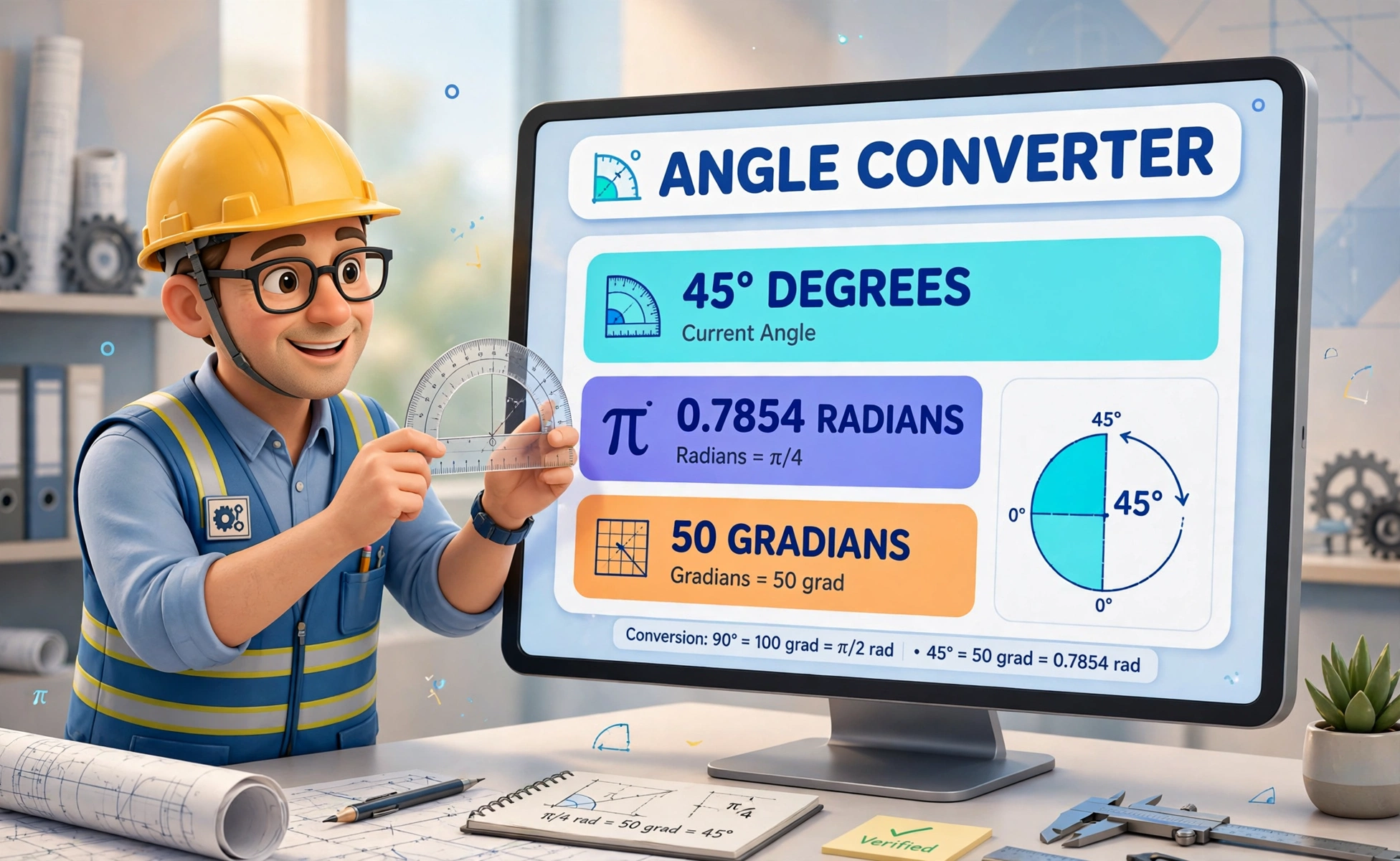 Angle converter second hero: an engineer measuring 45 degrees with a protractor on a large screen