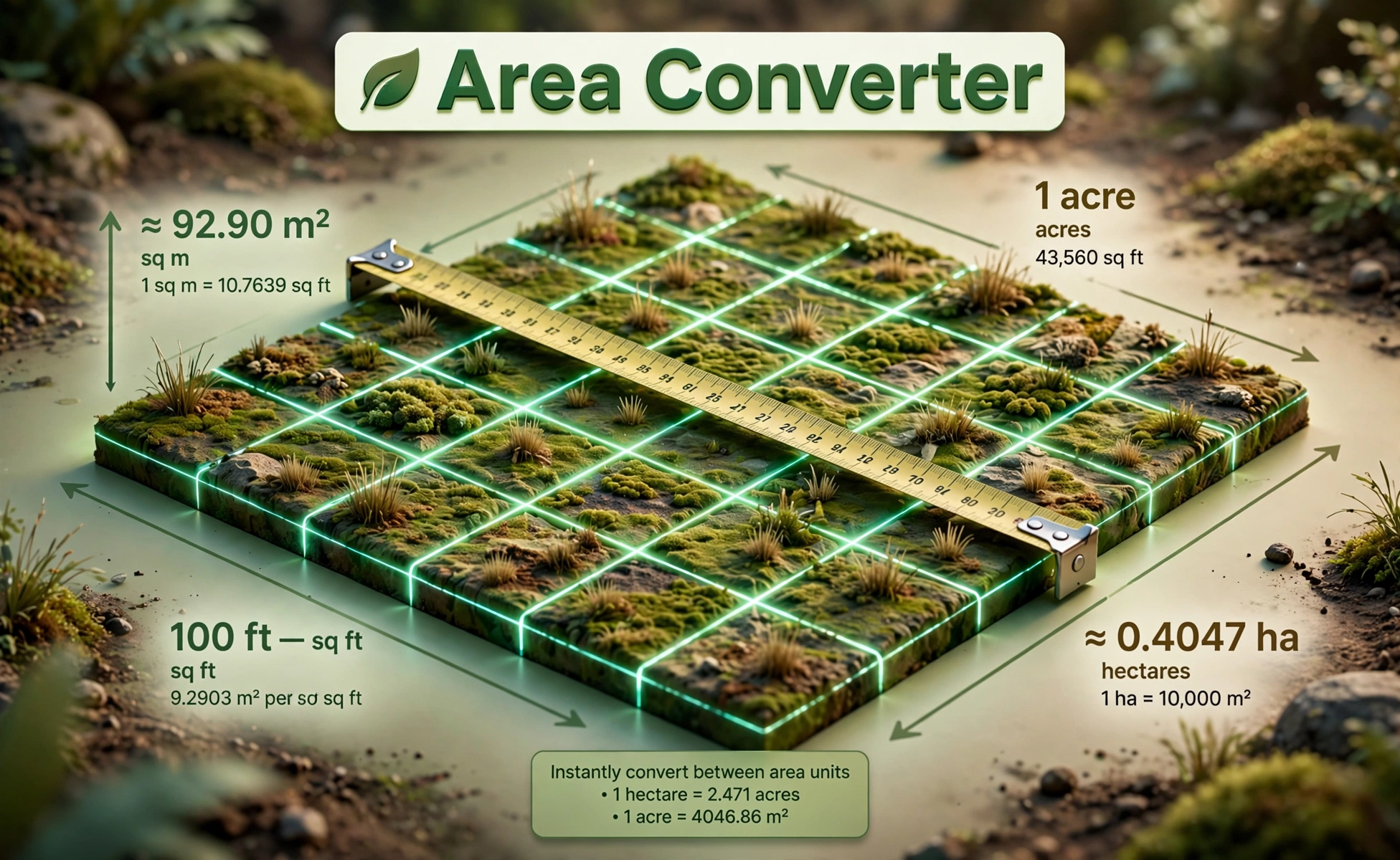 3D-style illustration of a glowing land plot grid with dimension arrows labeled sq ft, sq m, acres and hectares and a measuring tape, with Area Converter text