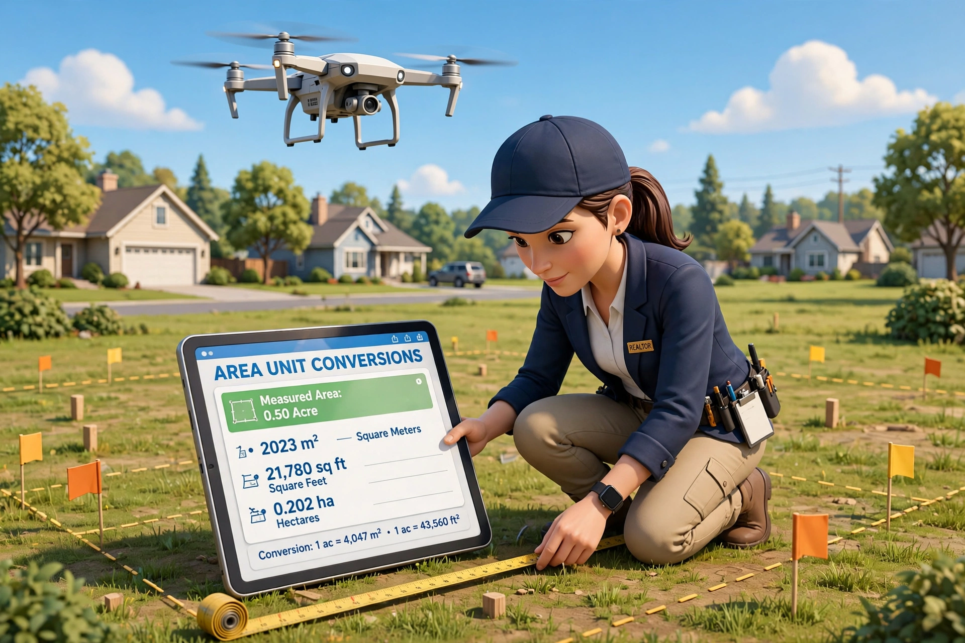 3D scene of a real estate agent measuring a property plot with a drone overhead and a tablet showing area conversions
