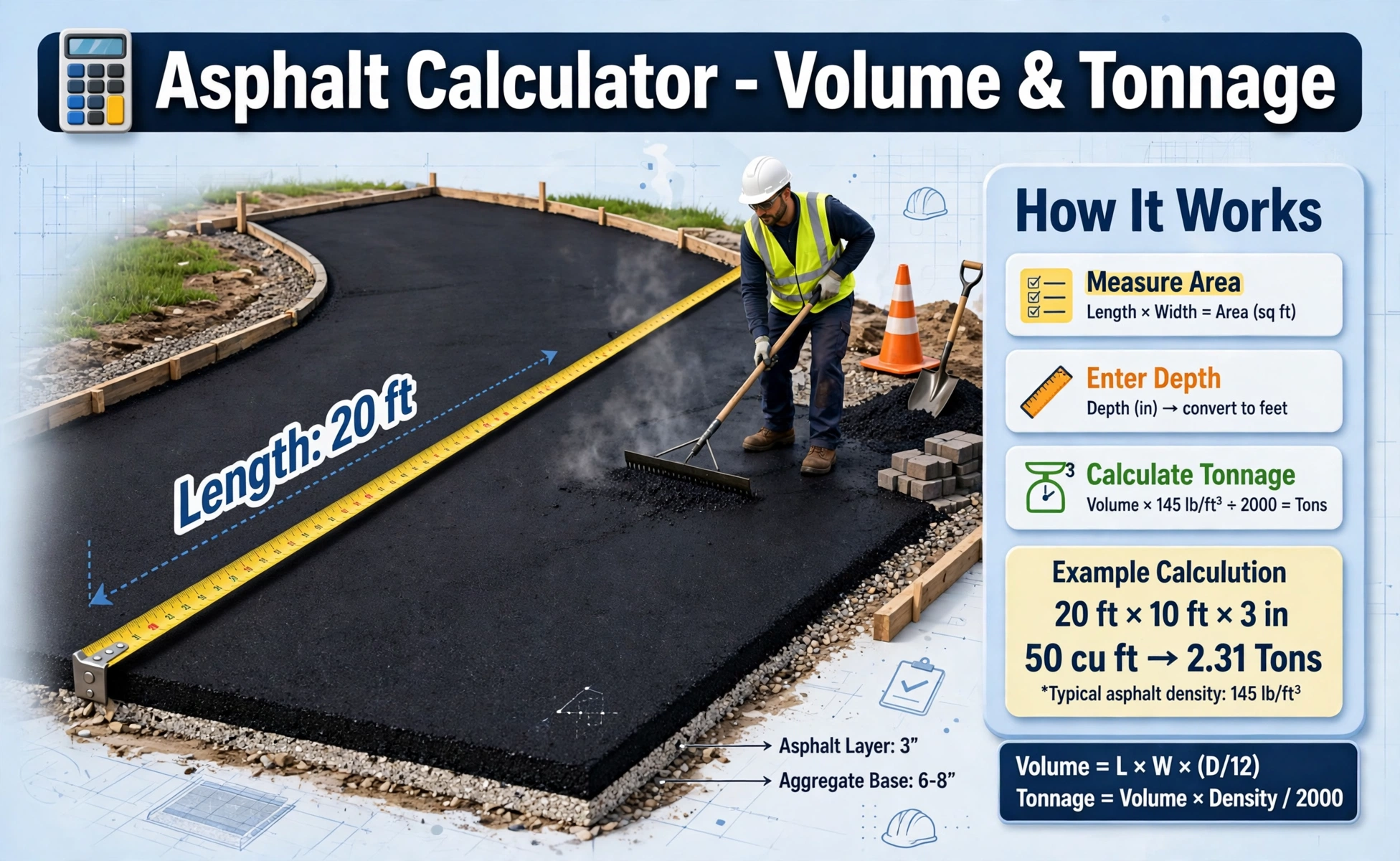 Asphalt driveway being measured with a tape measure for the asphalt calculator