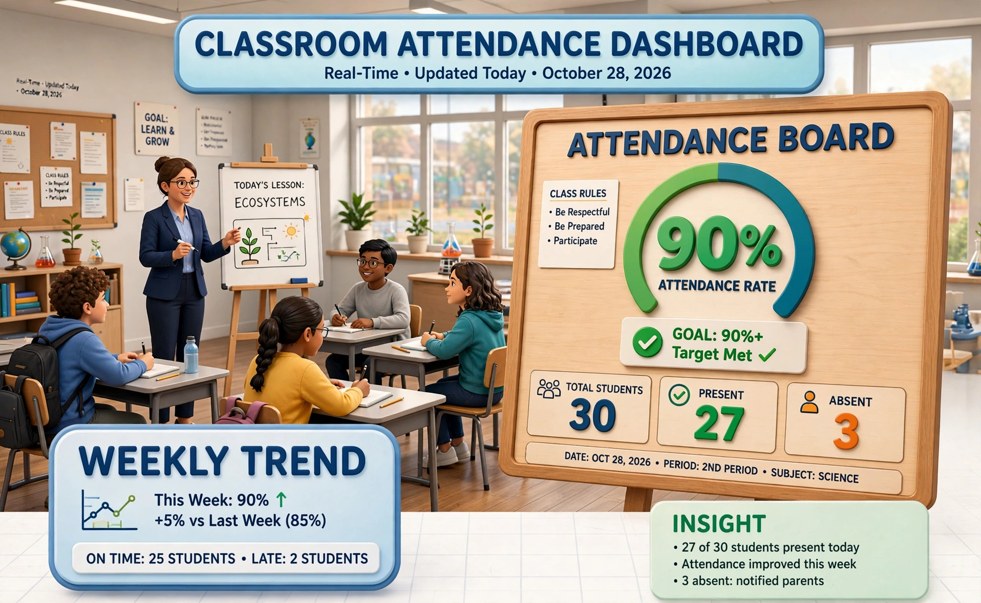 Attendance hero: classroom attendance board showing 90 percent attendance labeled