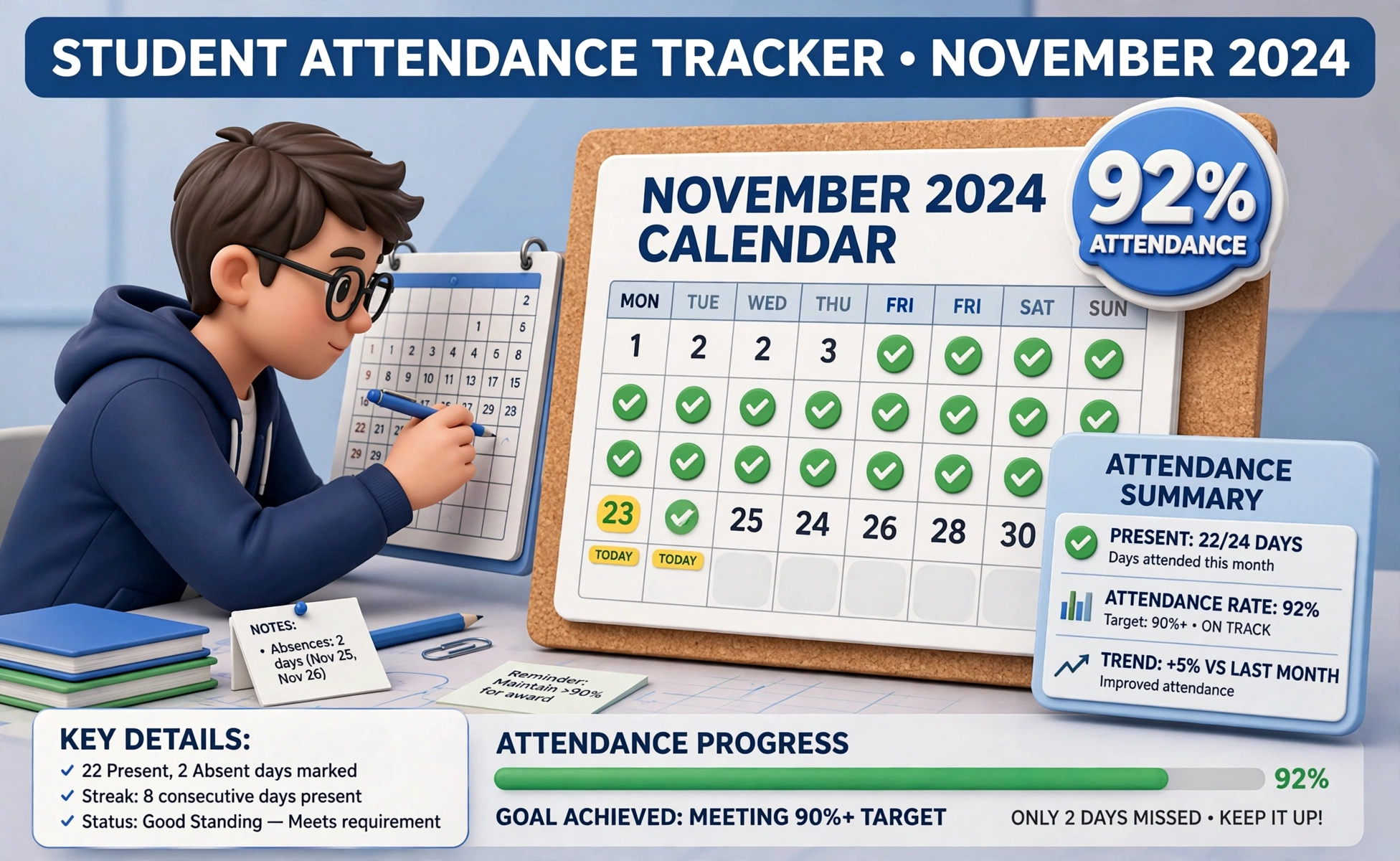 Attendance second hero: student checkmarks calendar with attendance percentage