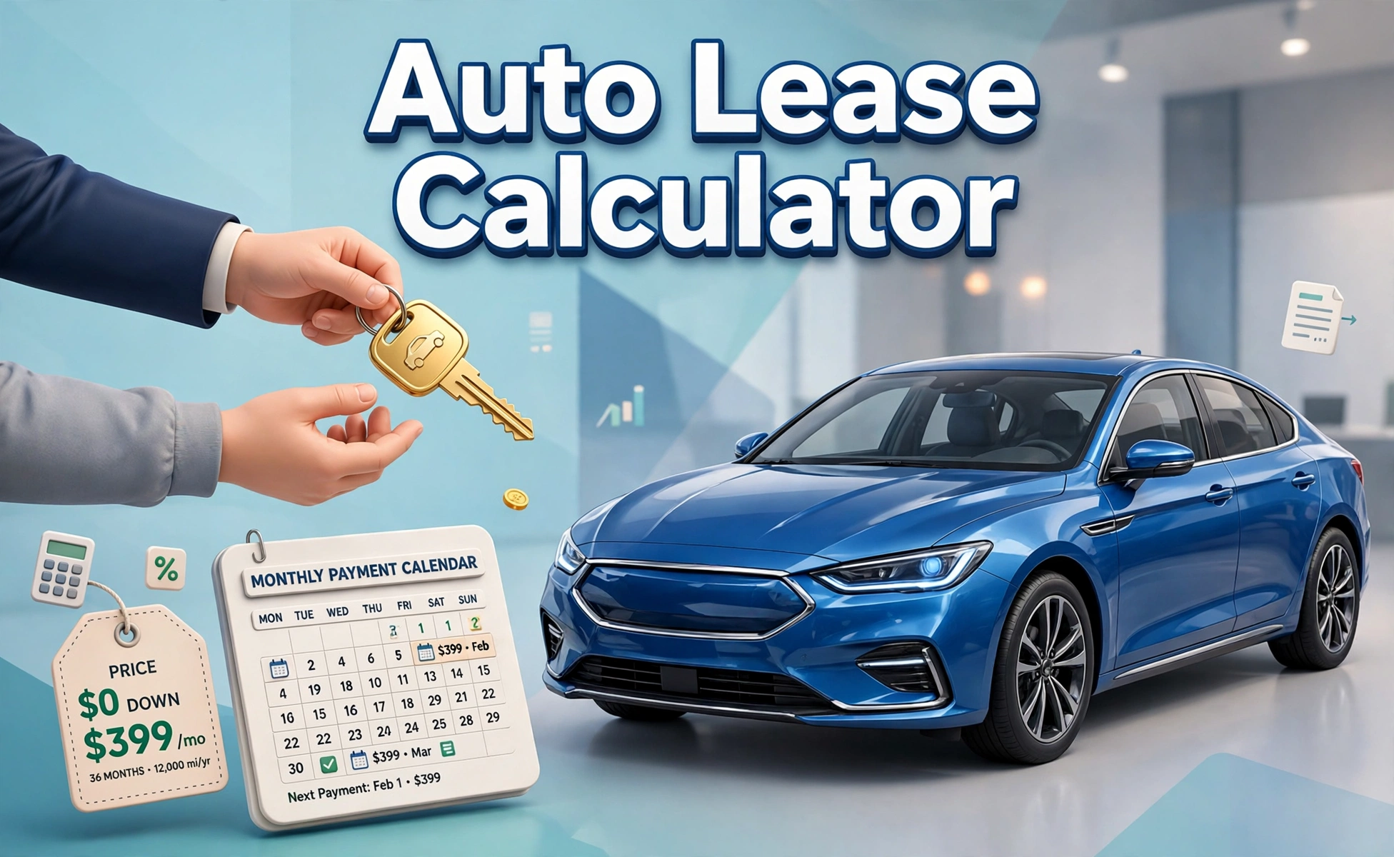 3D-style hero illustration of a shiny new car with a key handover, a monthly payment calendar and price tag nearby, with Auto Lease Calculator text