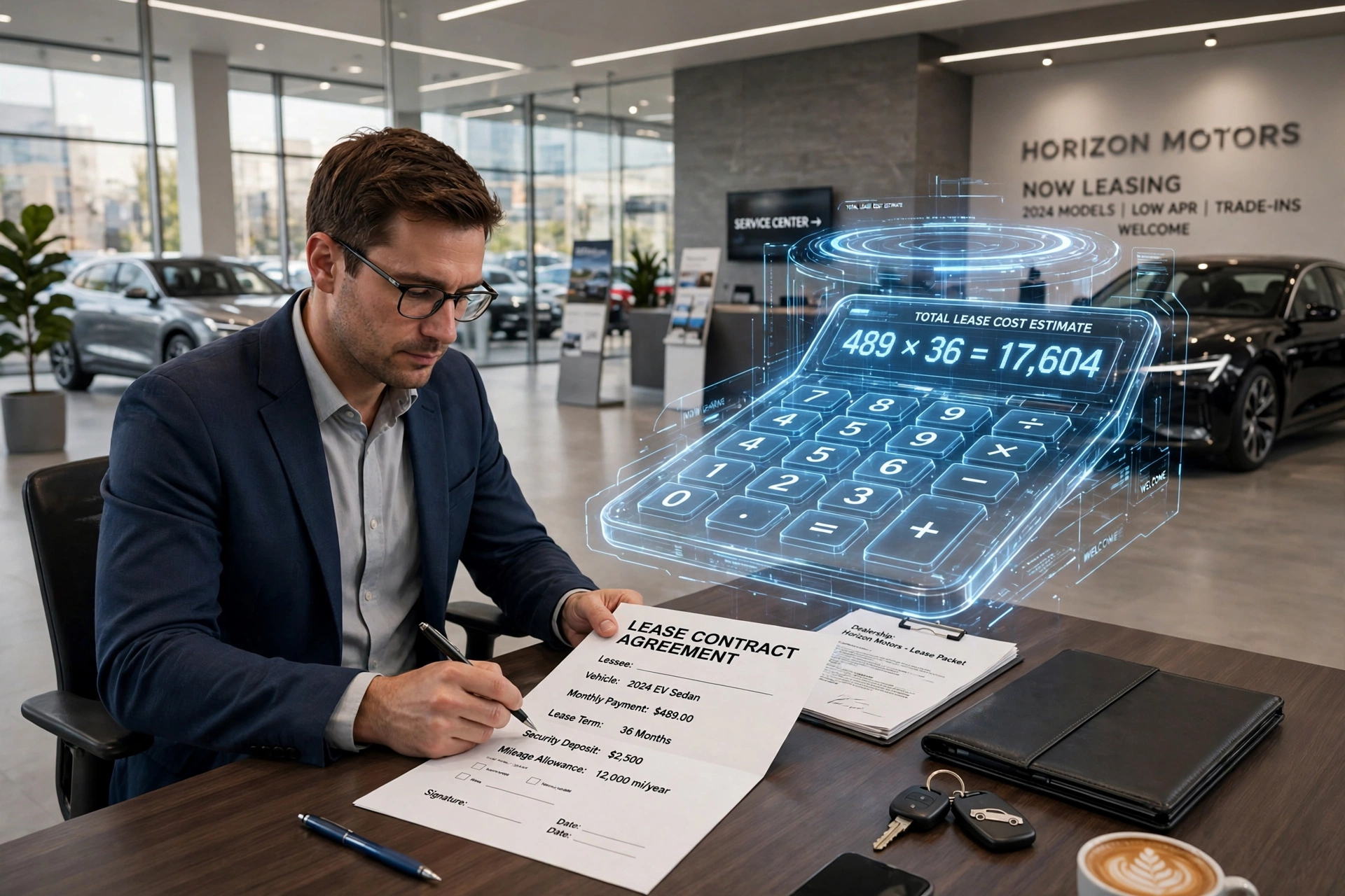 3D scene of a person at a car dealership desk reviewing a lease contract with a floating calculator hologram