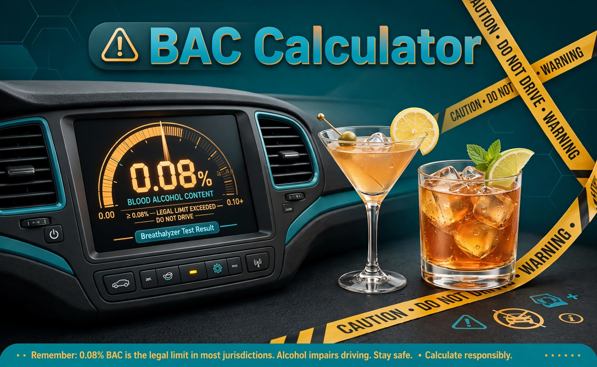 3D-style illustration of a car dashboard with a digital breathalyzer gauge showing 0.08 percent, cocktail glasses and caution tape, with BAC Calculator text