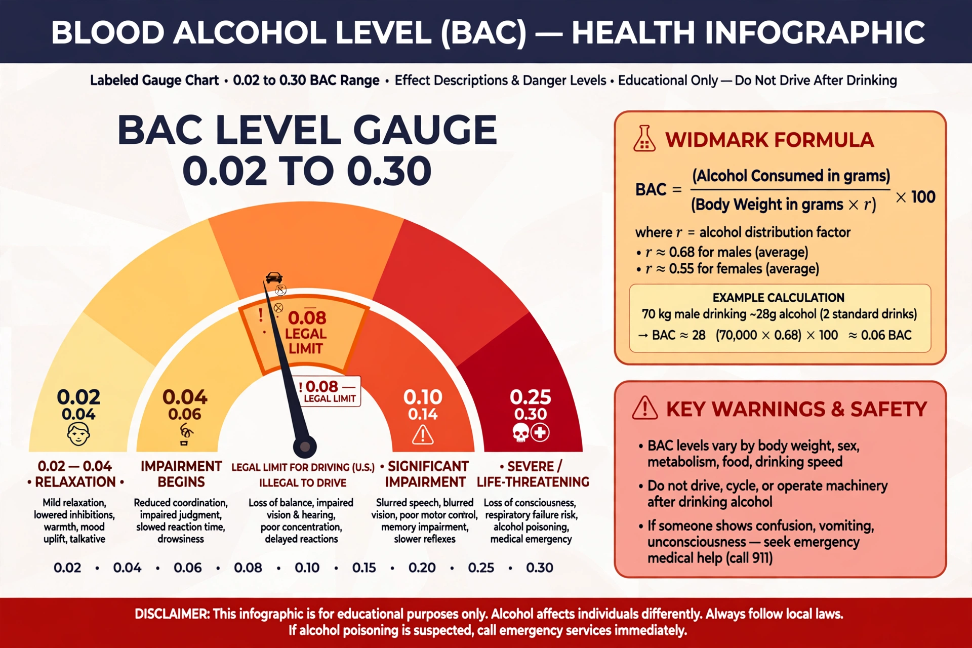 Health infographic with a labeled gauge of blood alcohol levels from 0.02 to 0.30 with effects at each stage and the Widmark formula