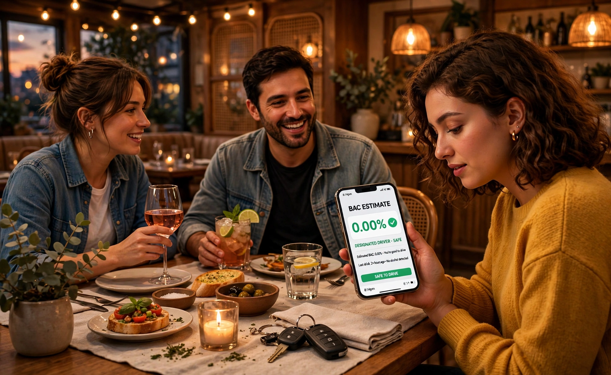 3D scene of friends at a restaurant table with drinks, one checking a phone BAC app, car keys on the table for a designated driver