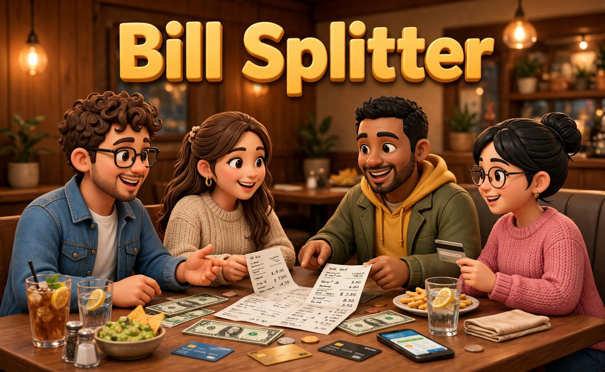 3D-style hero illustration of friends at a restaurant table splitting a bill, cash and cards on the table, with Bill Splitter text