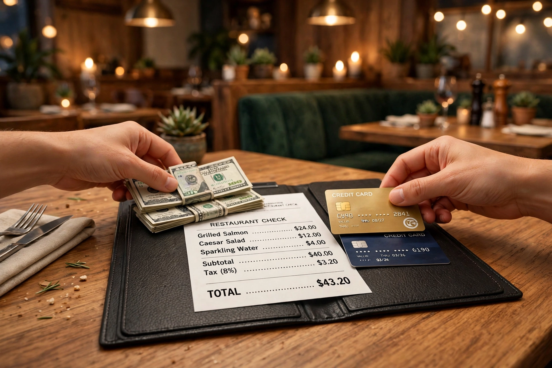 3D scene of hands placing cash and credit cards onto a restaurant bill folder on a table, cozy restaurant background