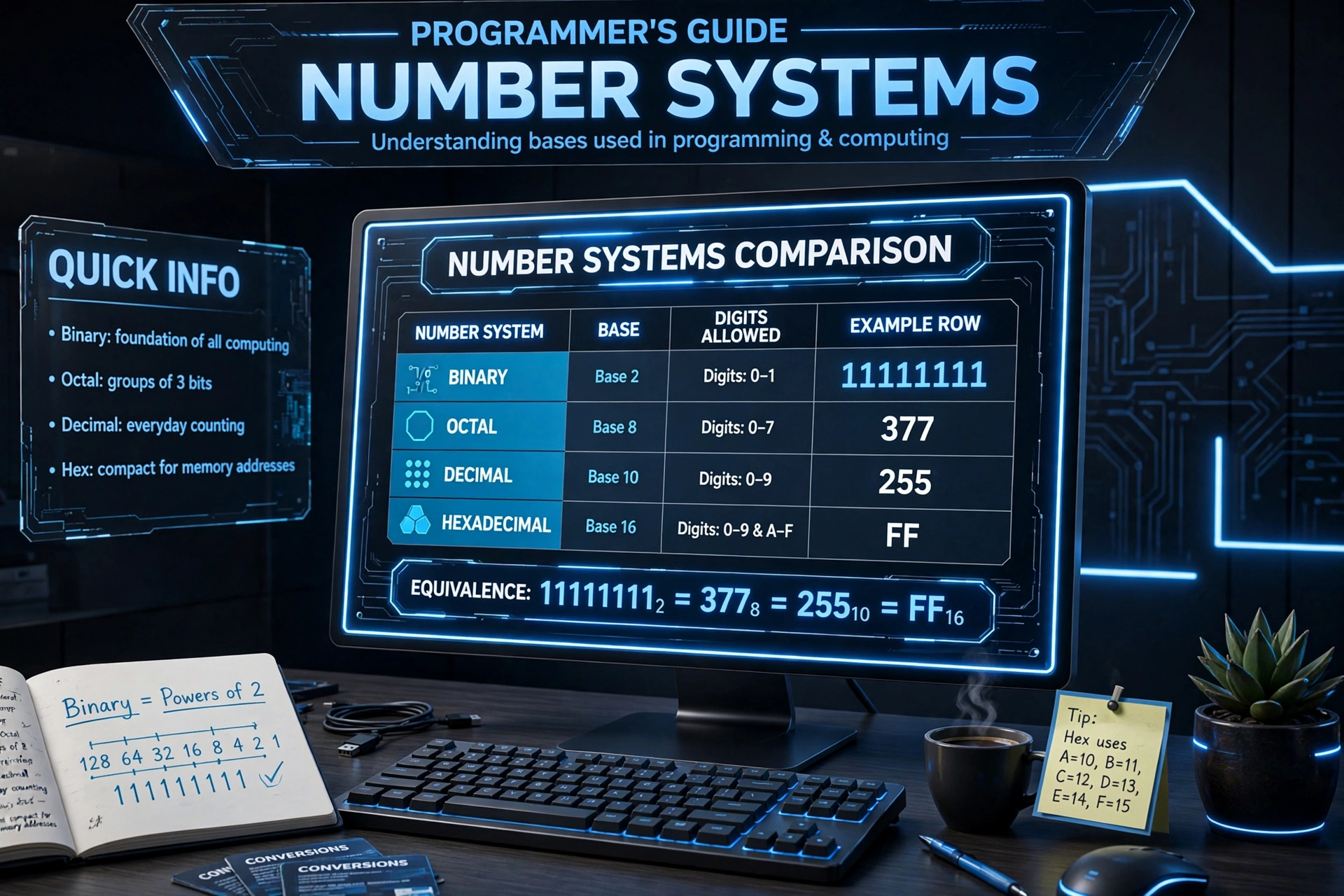 Reference chart of the four number systems: binary digits 0-1, octal 0-7, decimal 0-9, hexadecimal 0-9 and A-F, with the example 11111111 = 377 = 255 = FF
