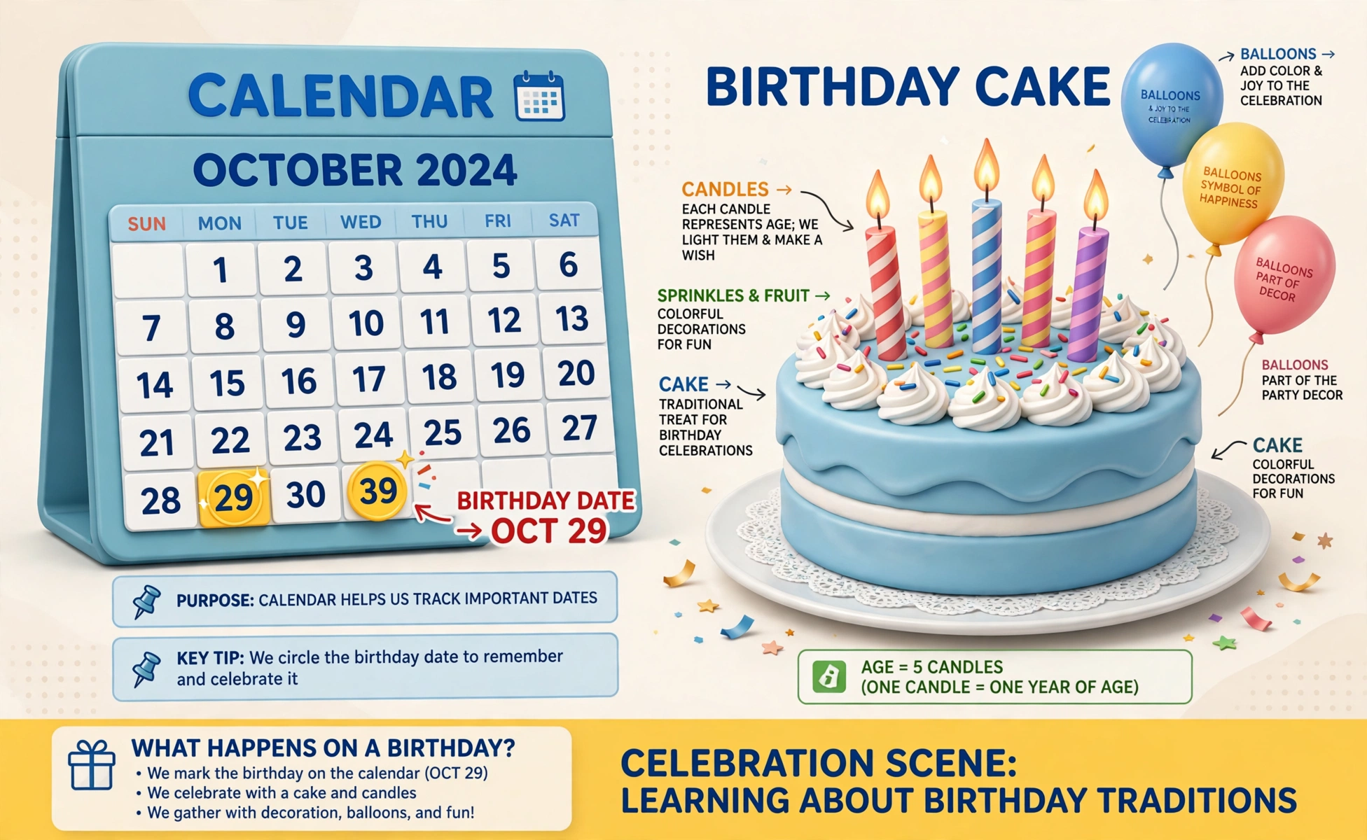 Birthday hero: professional 3D birthday cake with candles and a calendar showing a birthday date