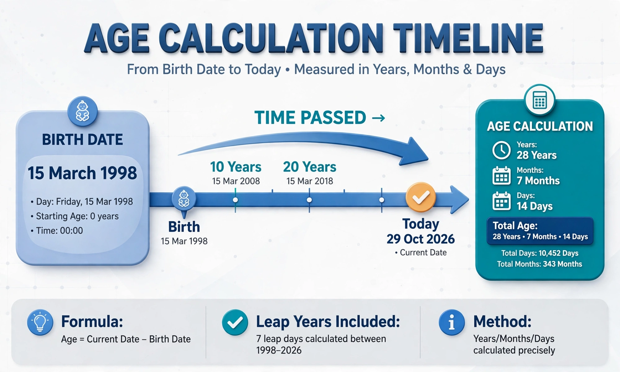 Birthday age chart: timeline from birth date to today with years, months, and days marked