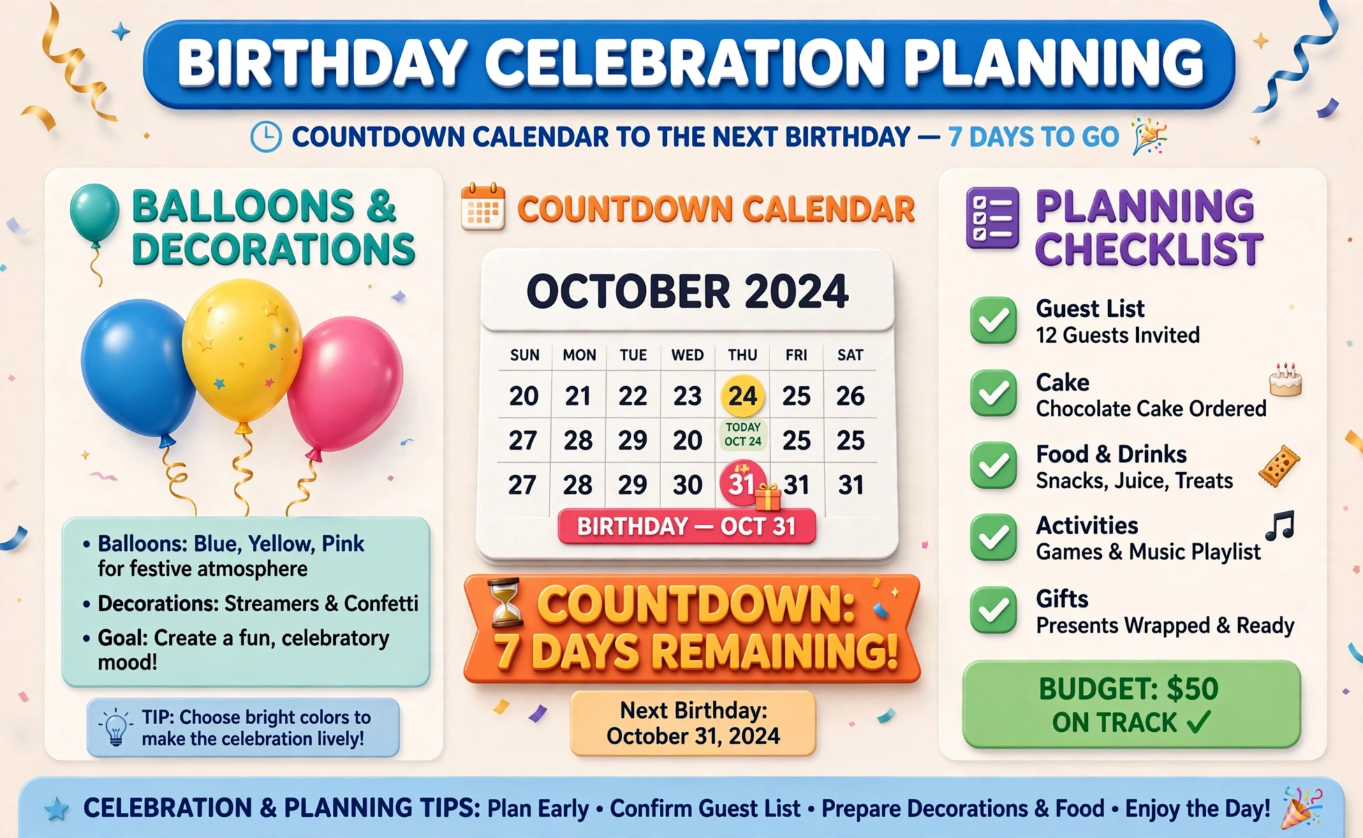 Birthday second hero: 3D balloons and a countdown calendar to the next birthday