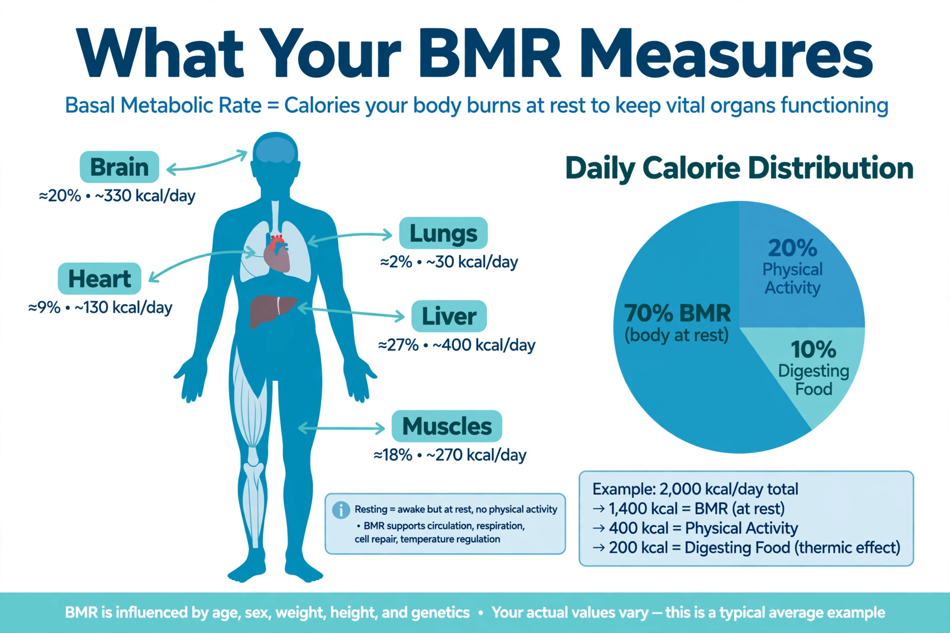 Diagram showing where daily calories go: about 70 percent to basal metabolic rate, 10 percent to digesting food, and 20 percent to activity and exercise