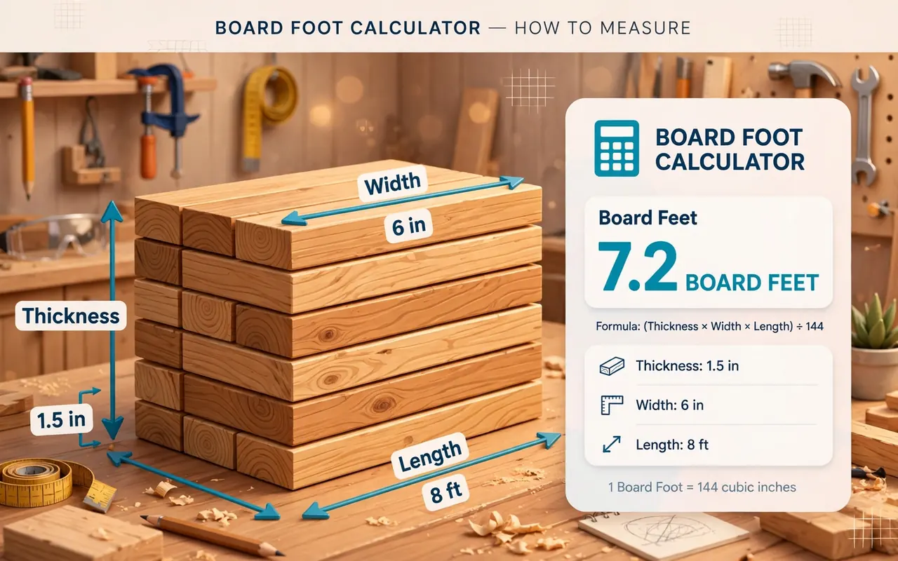 Board foot hero: stacked lumber boards with thickness width length dimension arrows