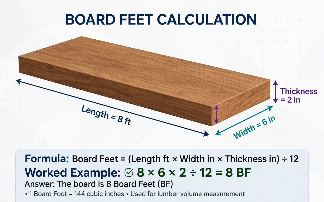 Board foot chart: single board with 8 ft 6 in 2 in labels and the divide-by-12 formula