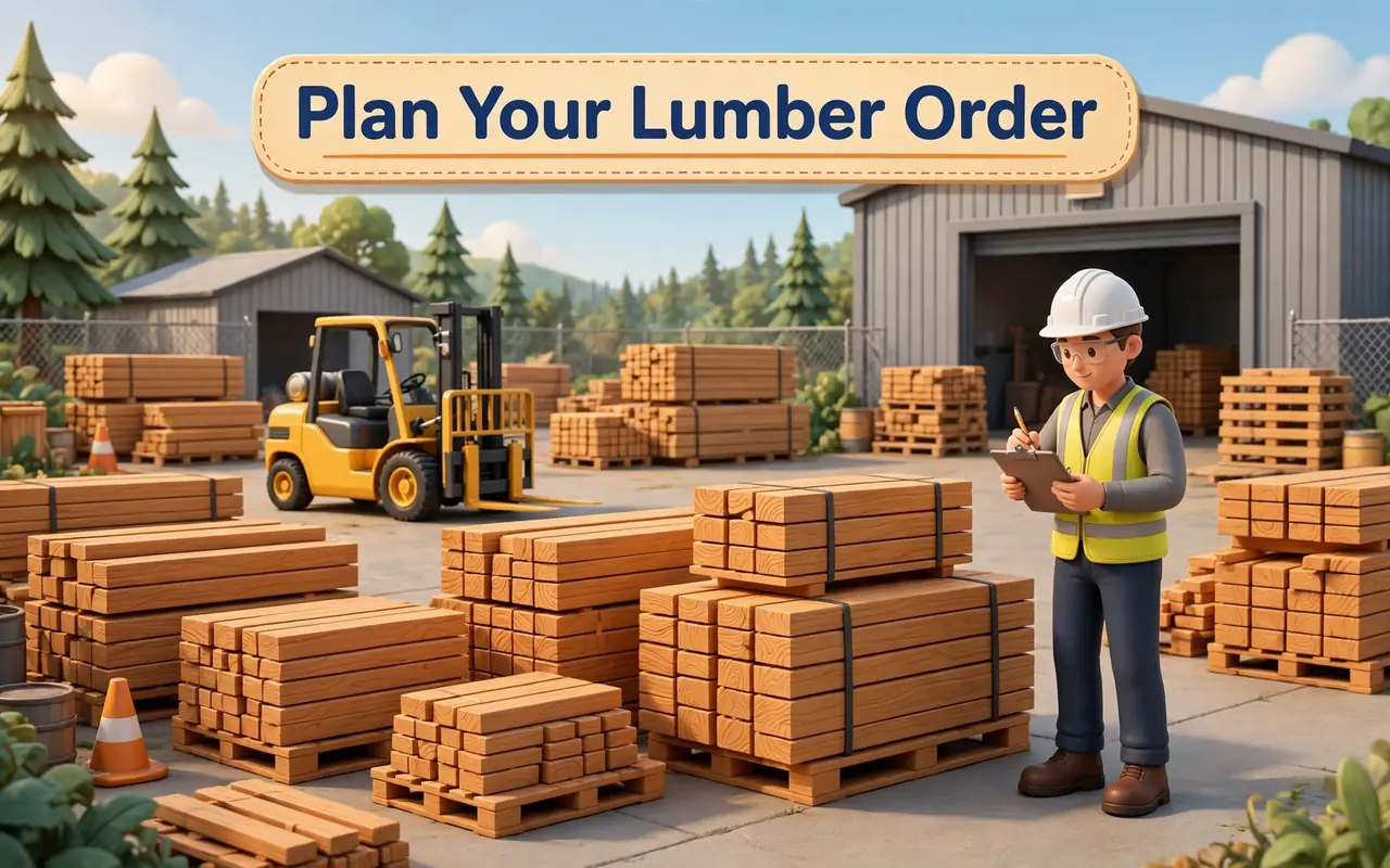Board foot second hero: lumber yard with stacked planks and worker with clipboard