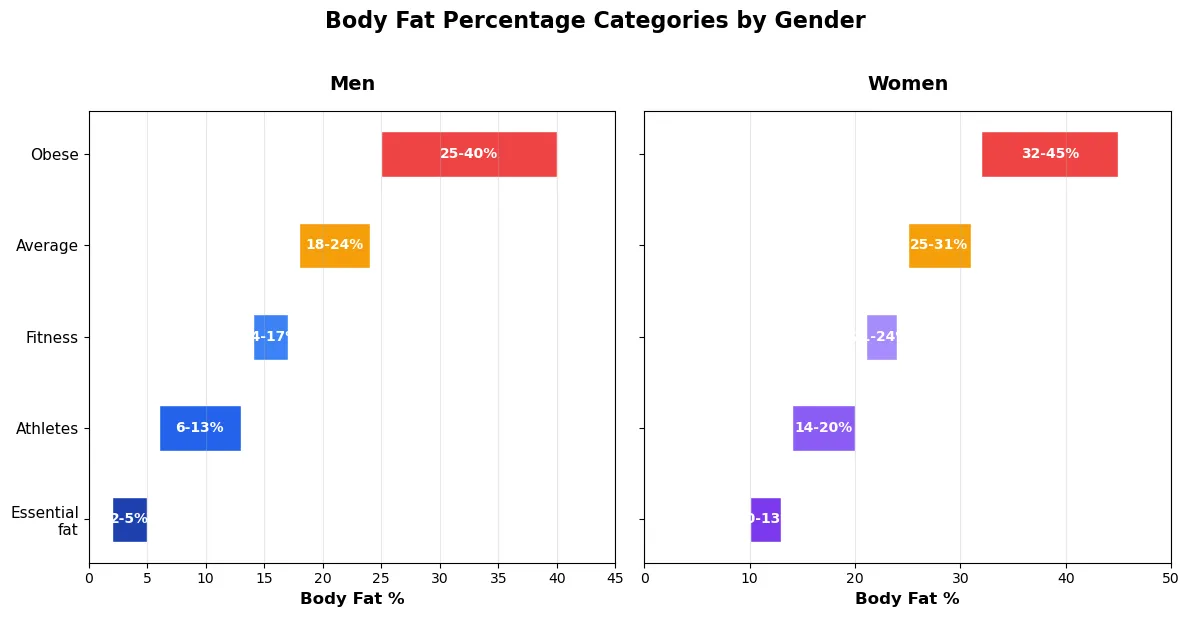 Body fat percentage categories chart for men and women: essential fat, athletes, fitness, average, and obese ranges