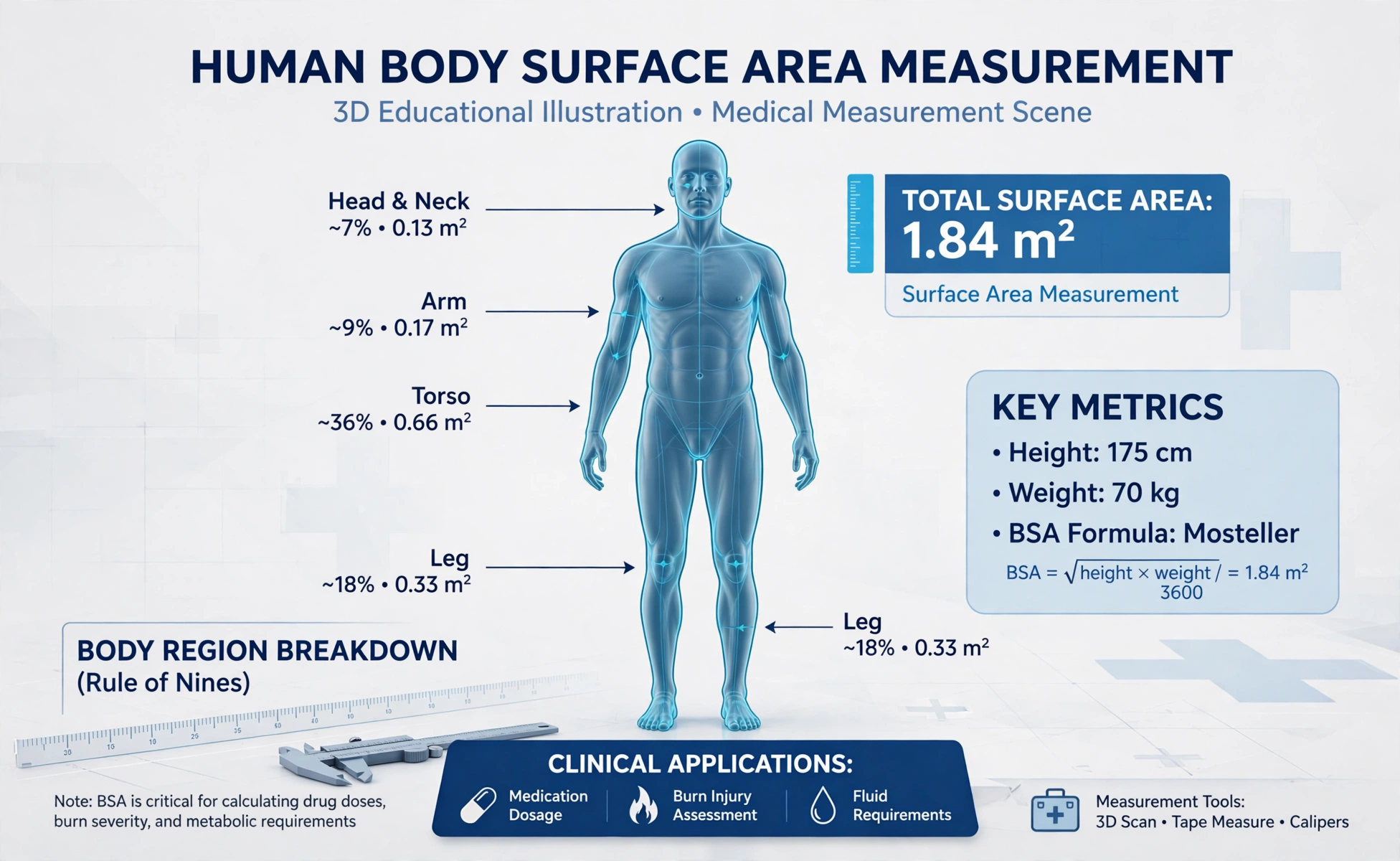 Body surface area hero: professional 3D human body outline with surface area measurement labeled 1.84 square meters