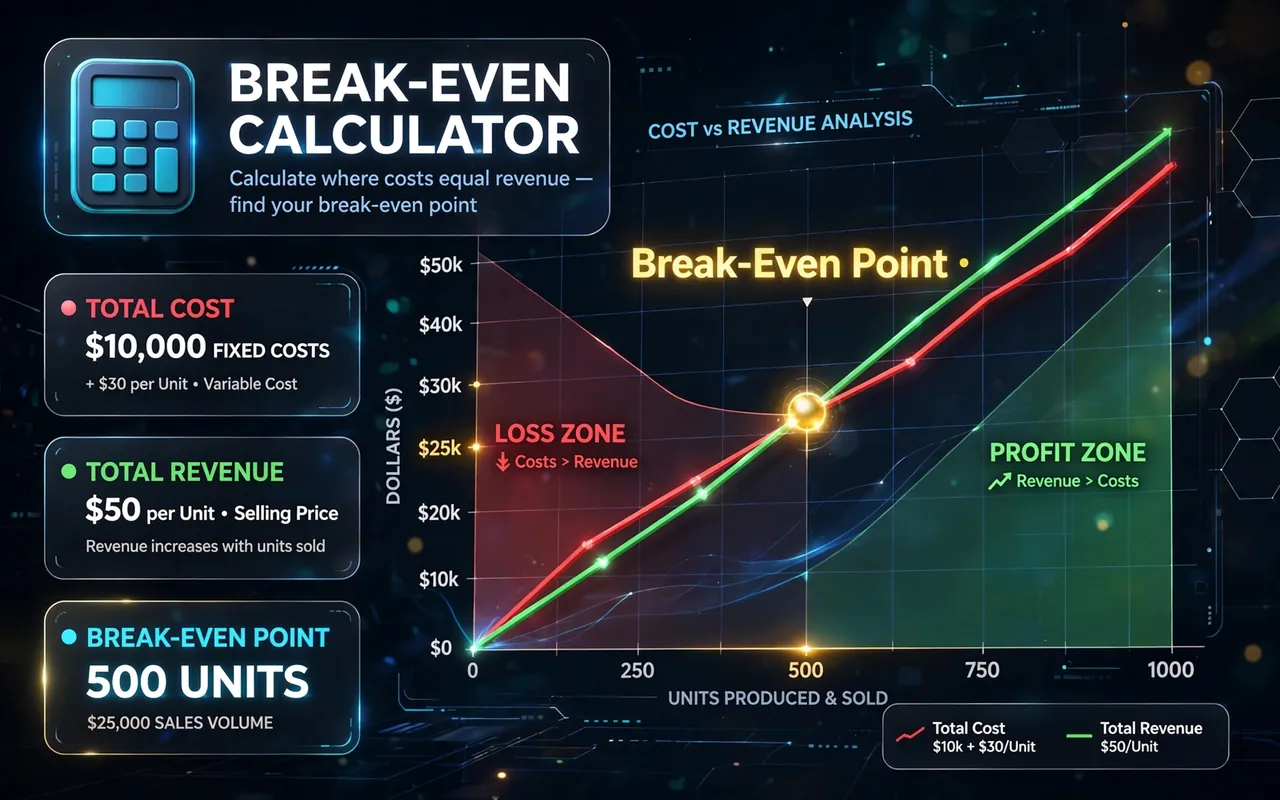 Break-even hero: cost and revenue lines crossing at the break-even point with profit zone