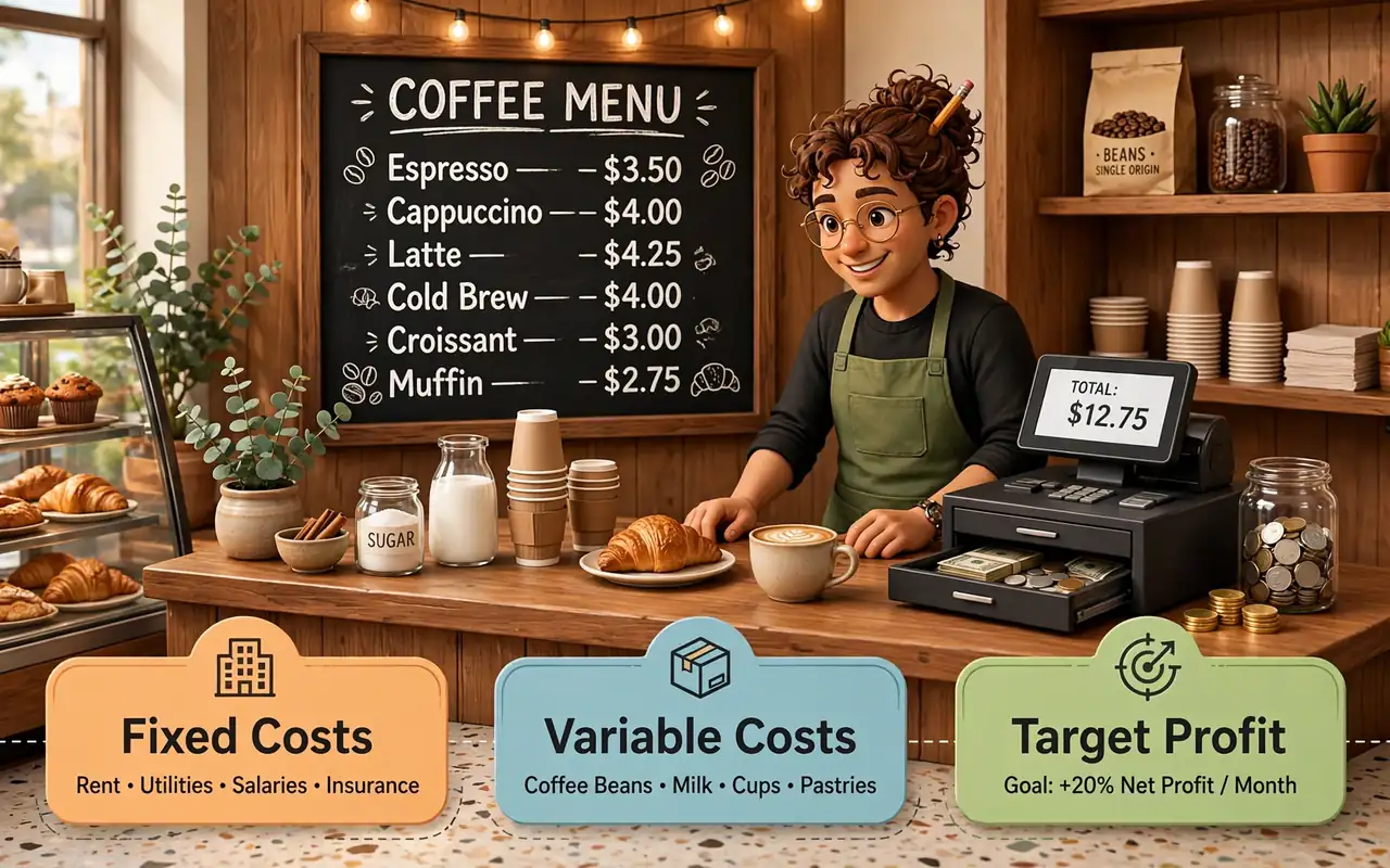 Break-even second hero: coffee shop owner with fixed costs variable costs target profit labels