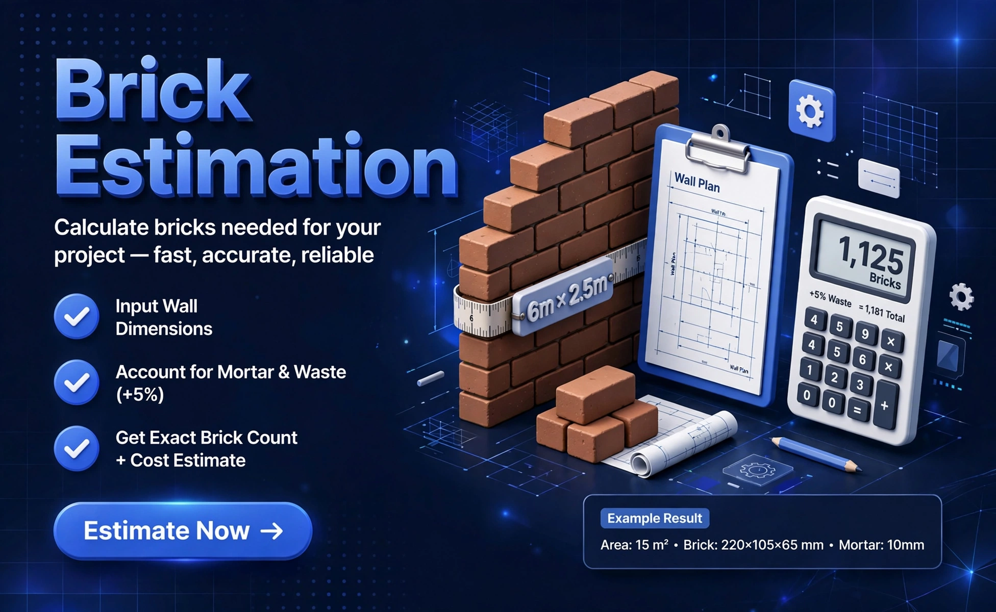 3D illustration of a brick wall with a calculator, measuring tape and stacked bricks showing how to estimate brick quantity for a wall