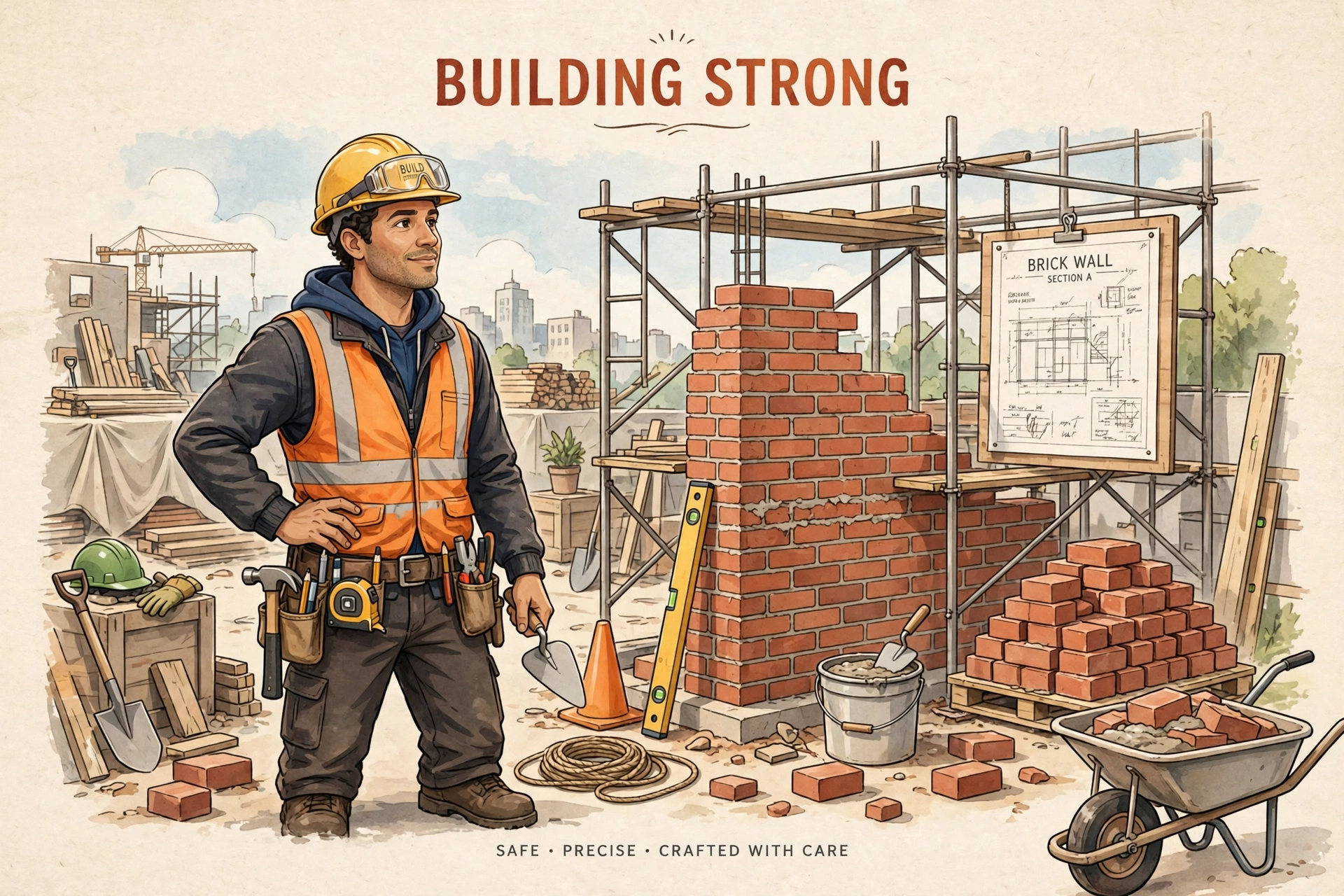Illustration of a brick wall construction site with a mason laying bricks, mortar and scaffolding