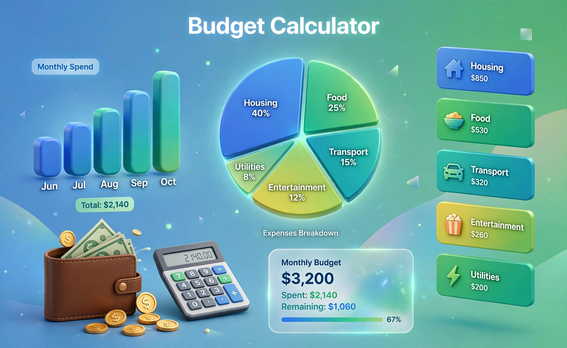 3D illustration of a monthly budget dashboard with expense category bars, a pie chart breakdown, a wallet, coins and a calculator