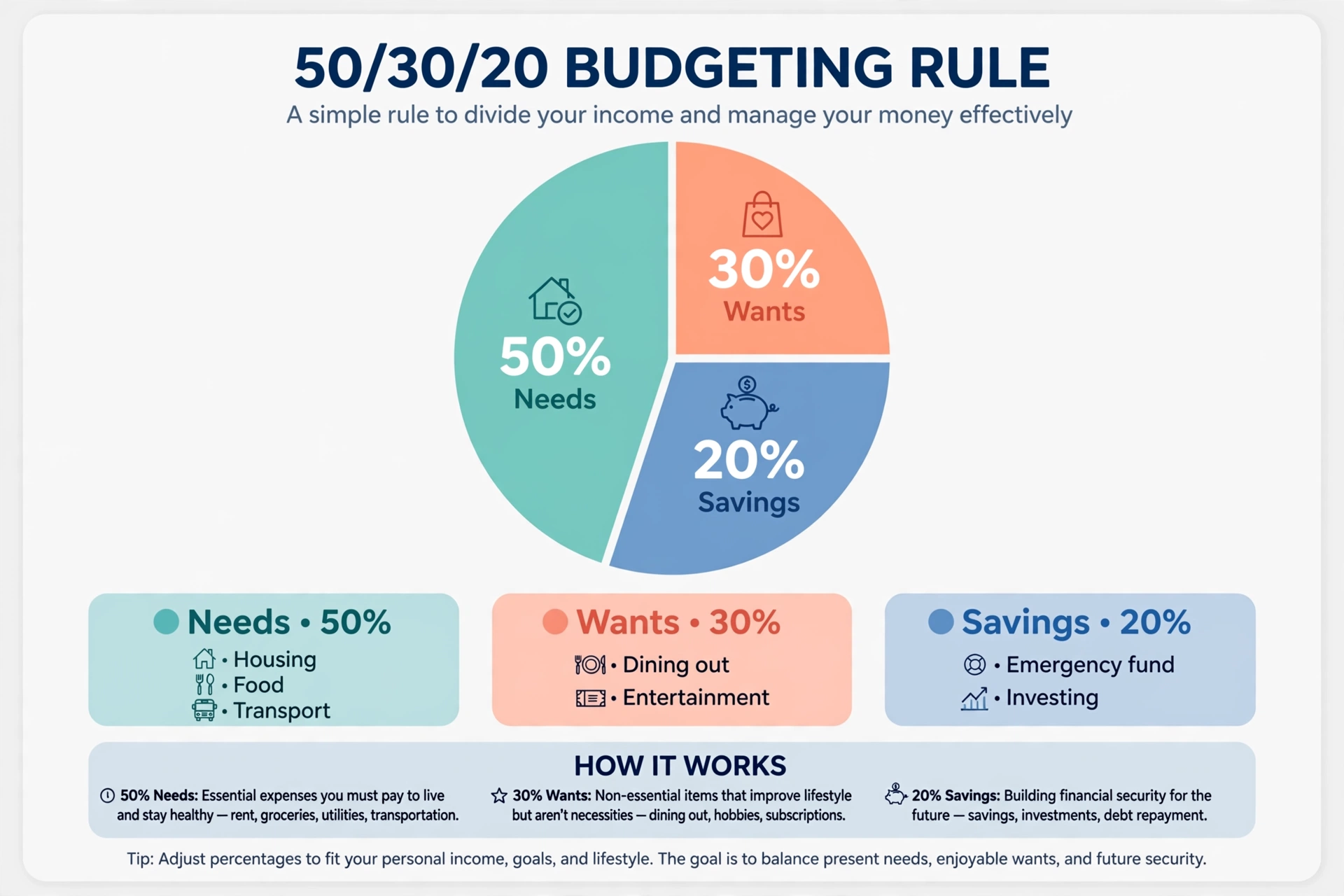 Pie chart diagram of the 50/30/20 budgeting rule split into 50 percent needs, 30 percent wants and 20 percent savings with example expenses