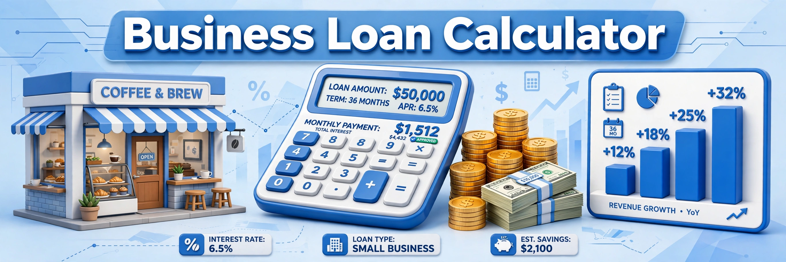 3D illustration of a business loan calculator: a coffee shop storefront, a calculator showing a $50,000 loan amount with a $1,512 monthly payment, stacks of coins, cash and a revenue growth bar chart