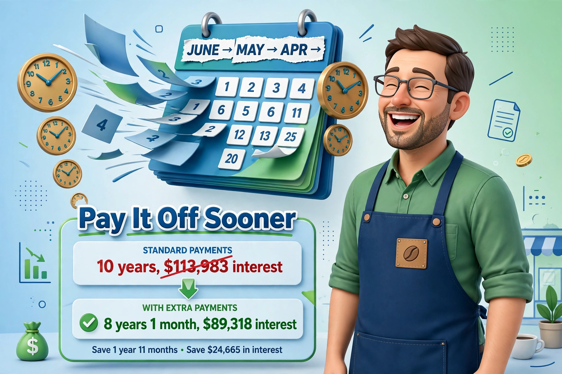 3D illustration of paying off a business loan early: a shrinking calendar and clock, comparing 10 years with $113,983 interest against 8 years 1 month with $89,318 interest using extra payments