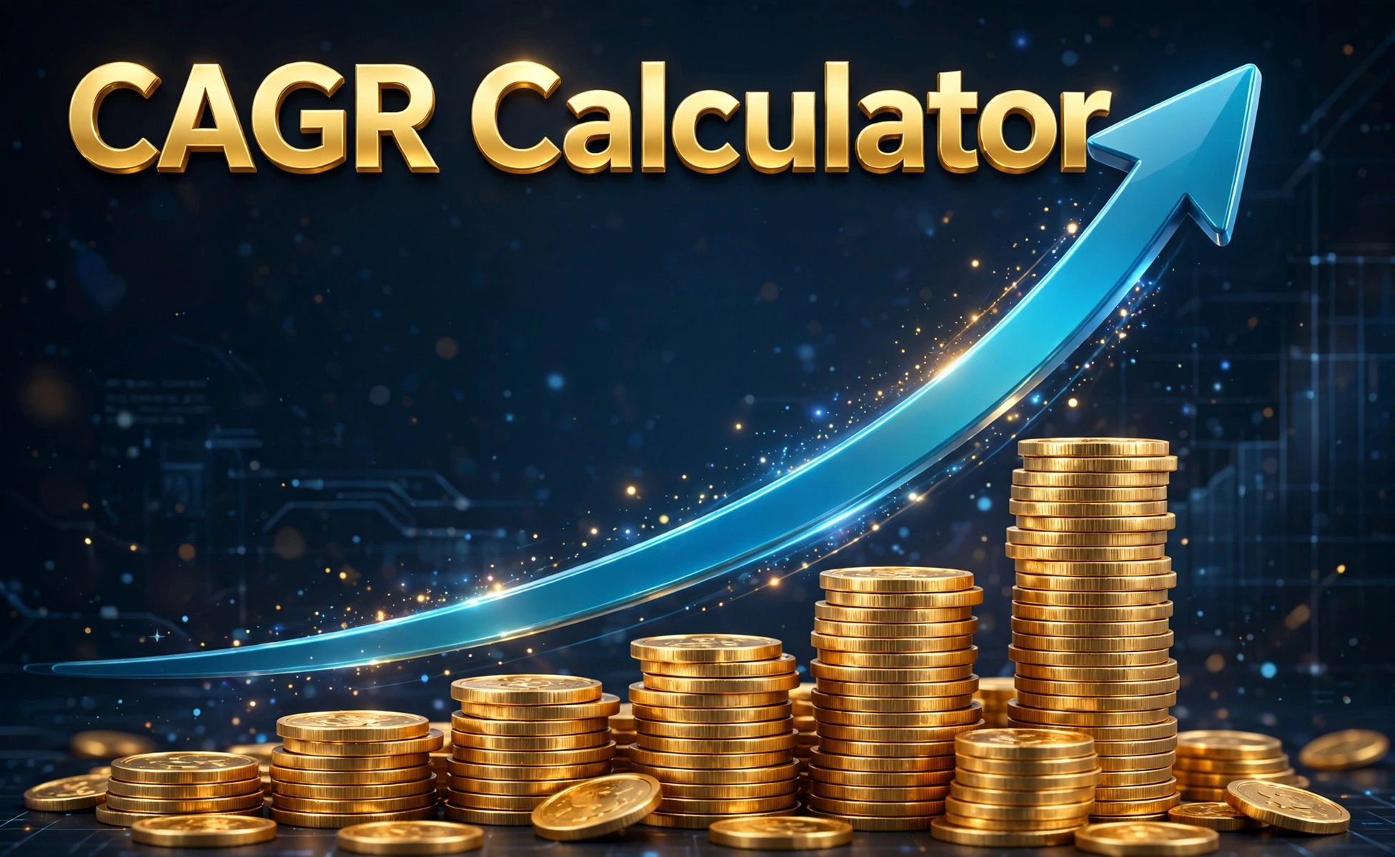 3D-style hero illustration of a smooth upward exponential growth curve arrow flying over stacked gold coins, with CAGR Calculator text