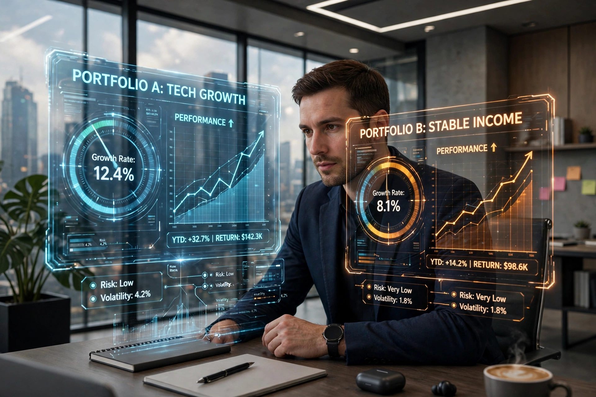 3D scene of an investor comparing two investment portfolios on holographic screens showing growth-rate gauges and rising charts