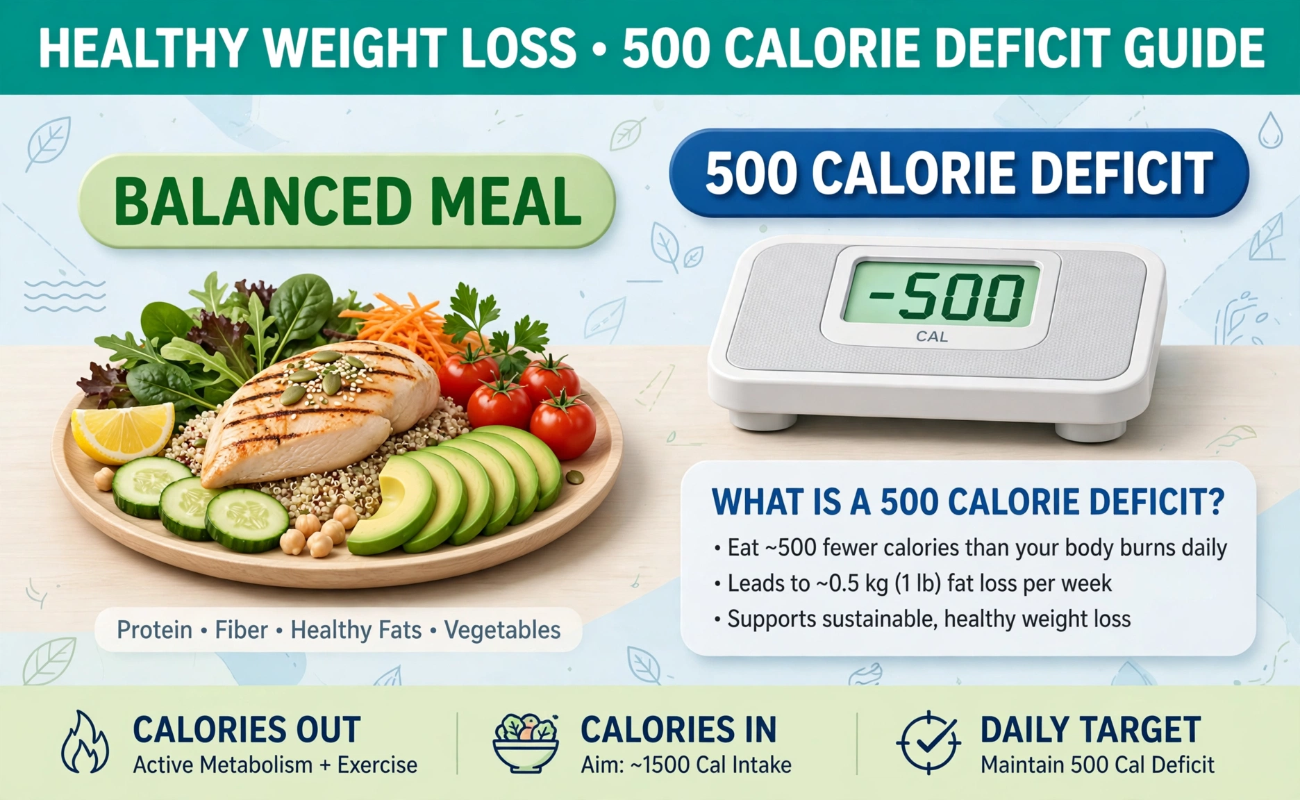 Calorie deficit hero: healthy plate and scale showing 500 calorie deficit labeled