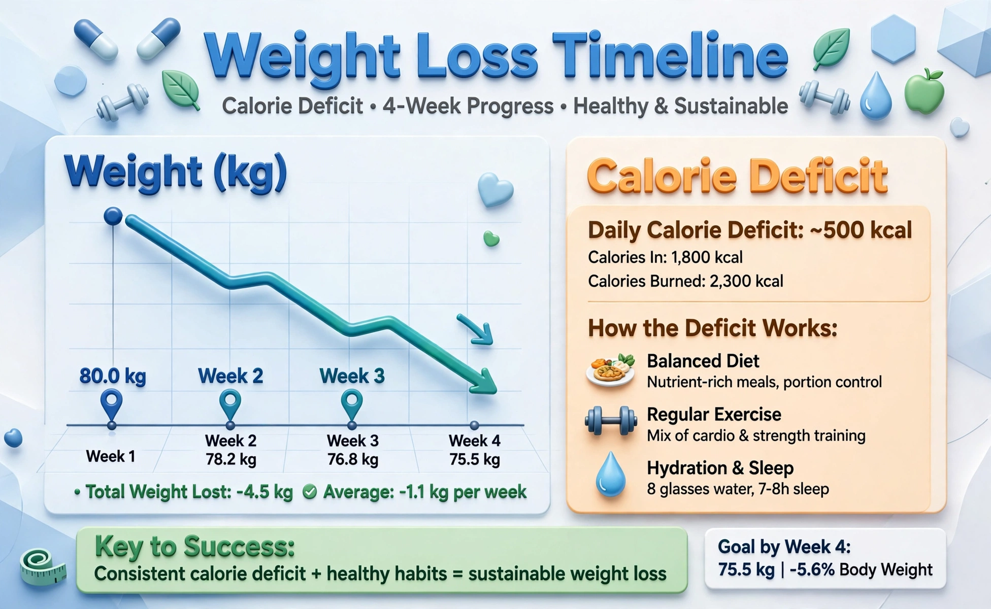 Calorie deficit second hero: weight loss timeline over weeks with calorie deficit