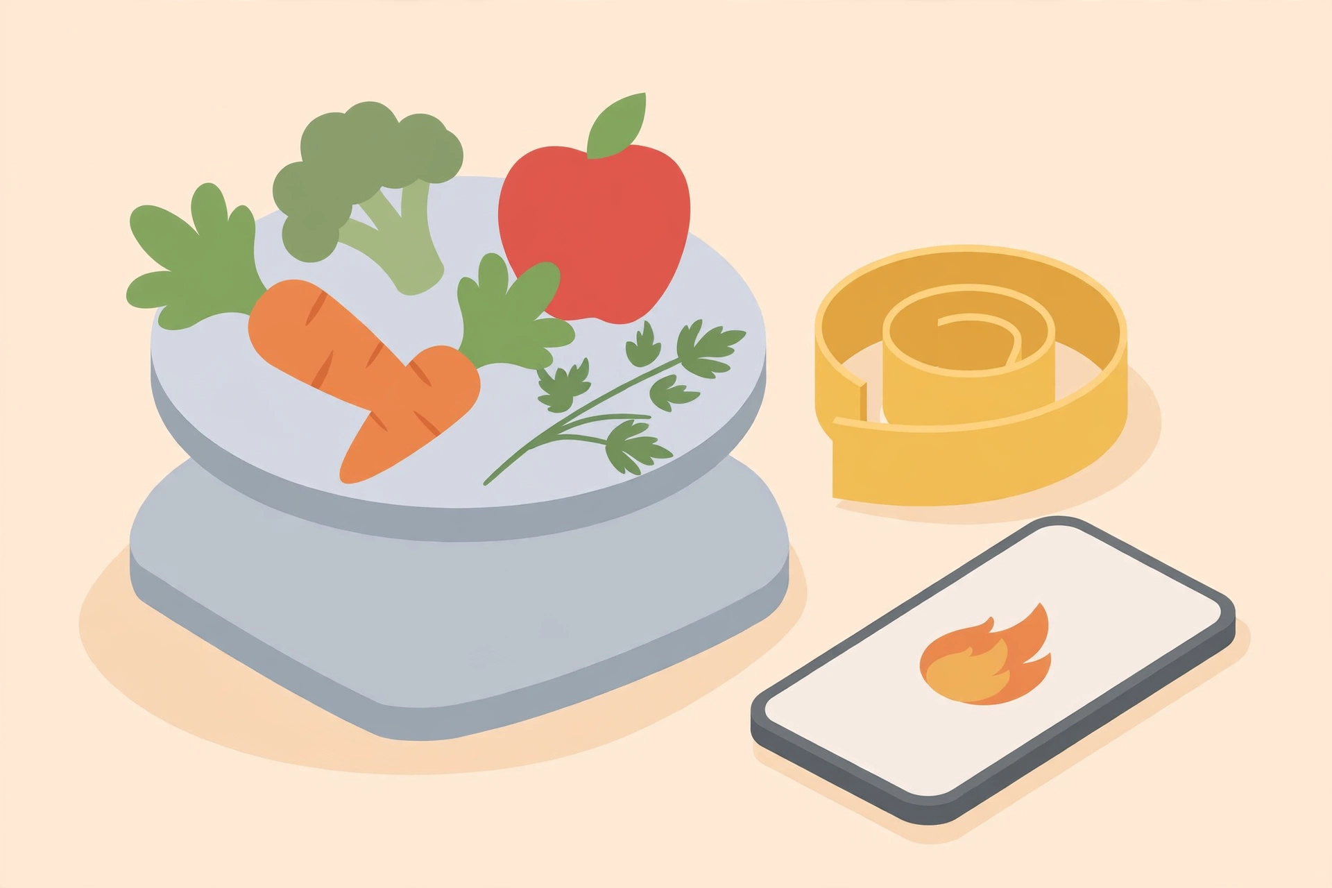 Illustration of a smartphone calorie tracker beside a dumbbell, water bottle and healthy food