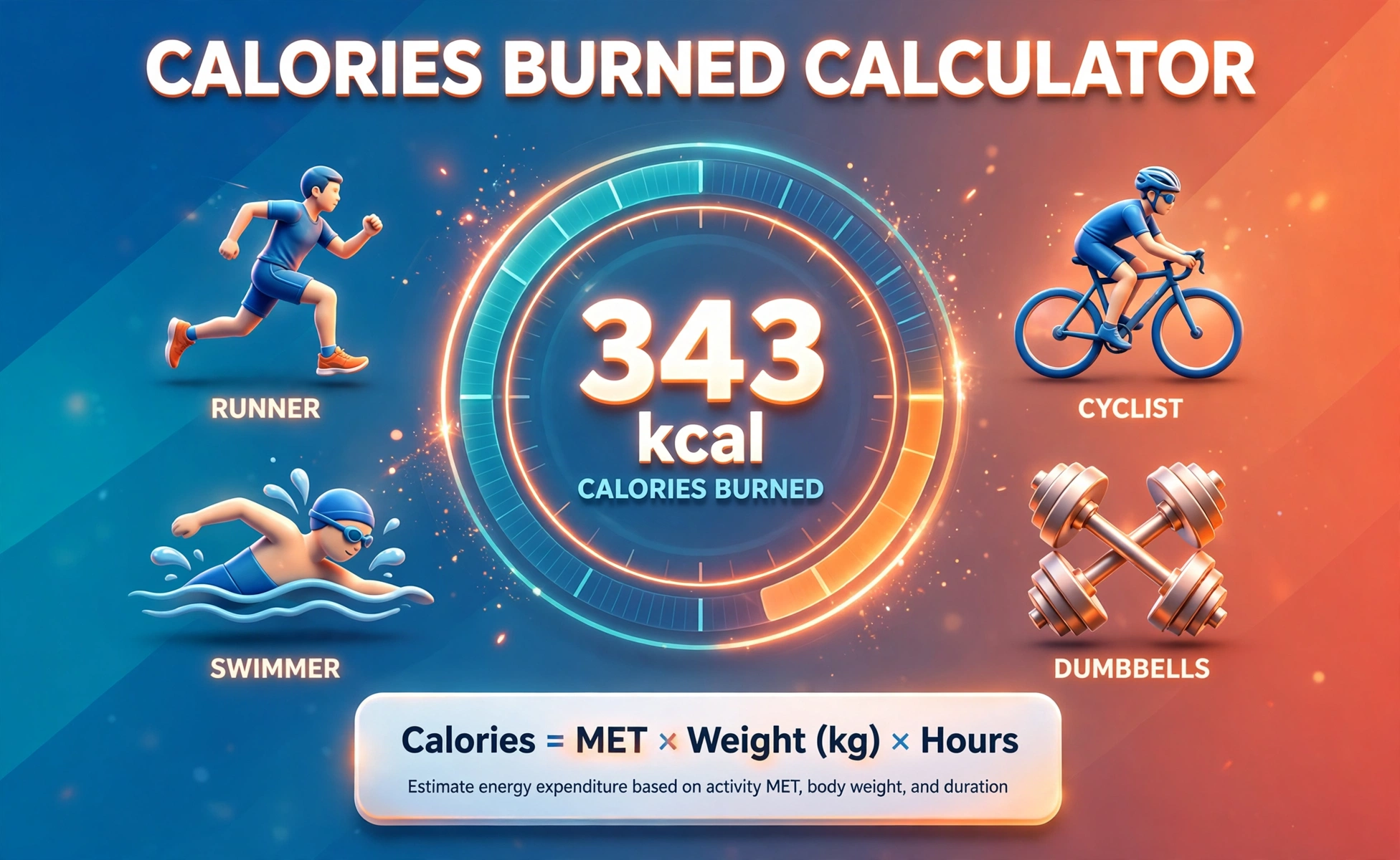 3D infographic hero for the Calories Burned Calculator: glowing calorie gauge showing 343 kcal with floating runner, cyclist, swimmer and dumbbell icons and the MET formula plaque