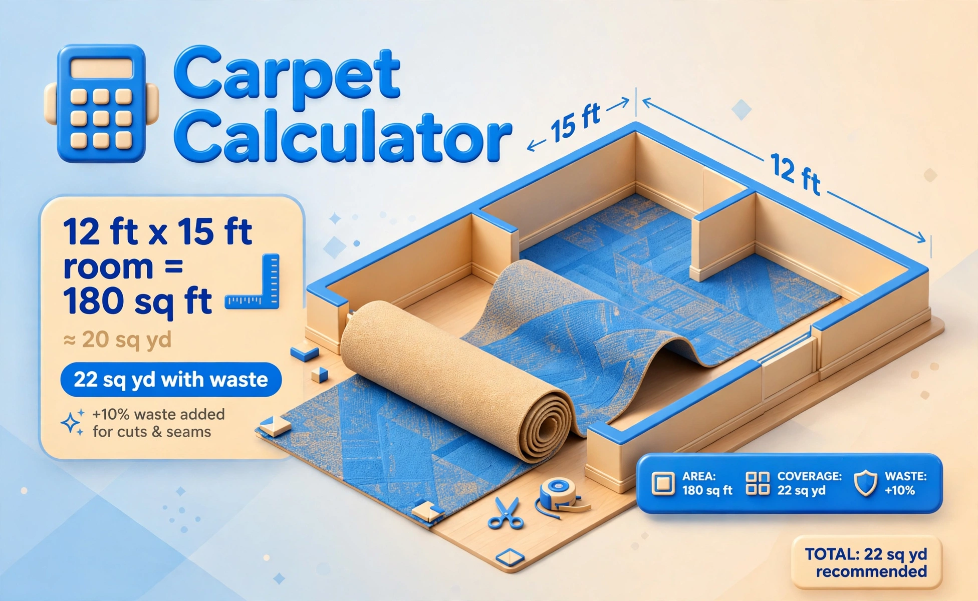 Carpet calculator hero: large 3D room floor plan with a carpet roll unrolling, 12 ft x 15 ft room