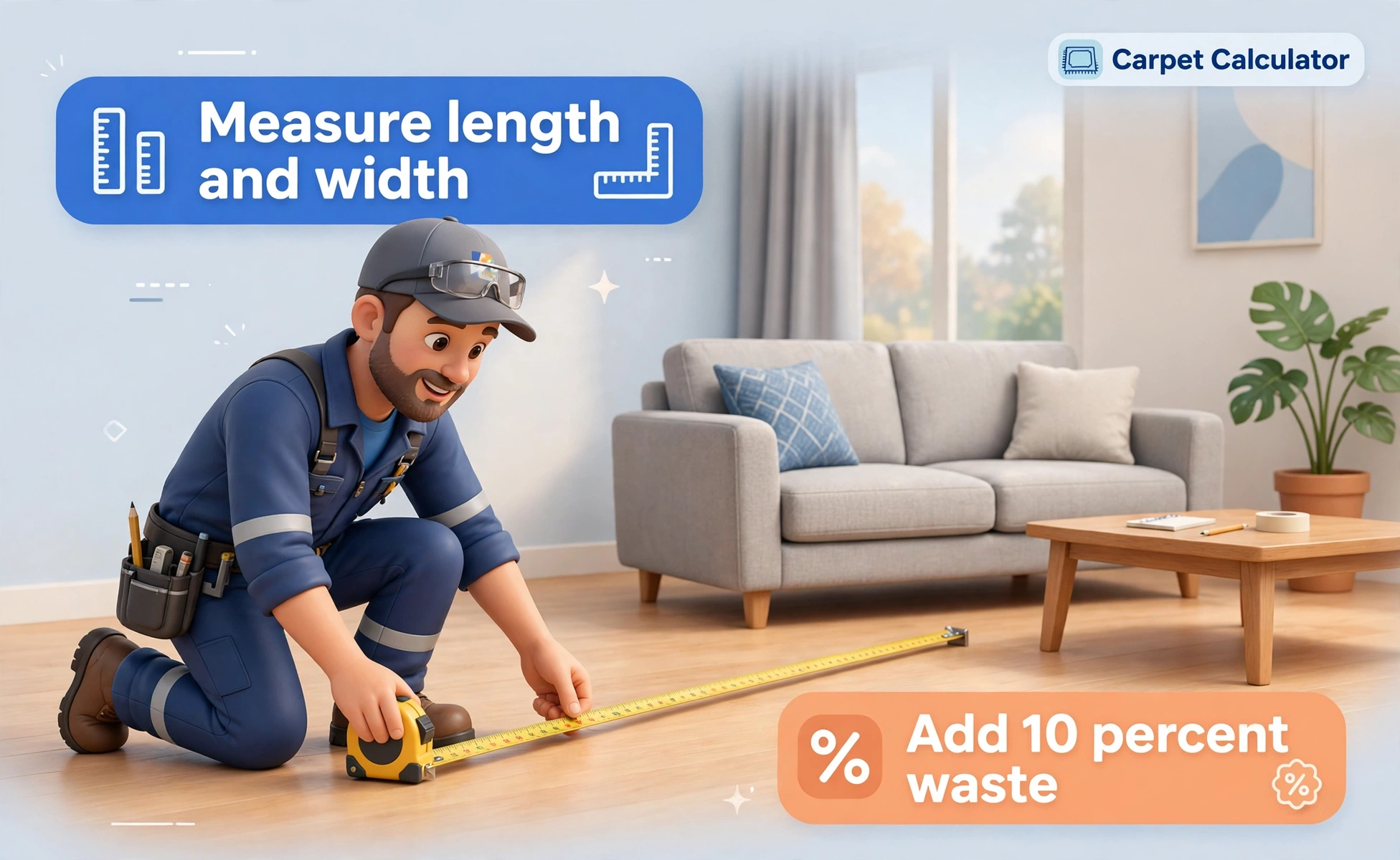 Carpet calculator second hero: an installer measuring a living room floor with a tape measure