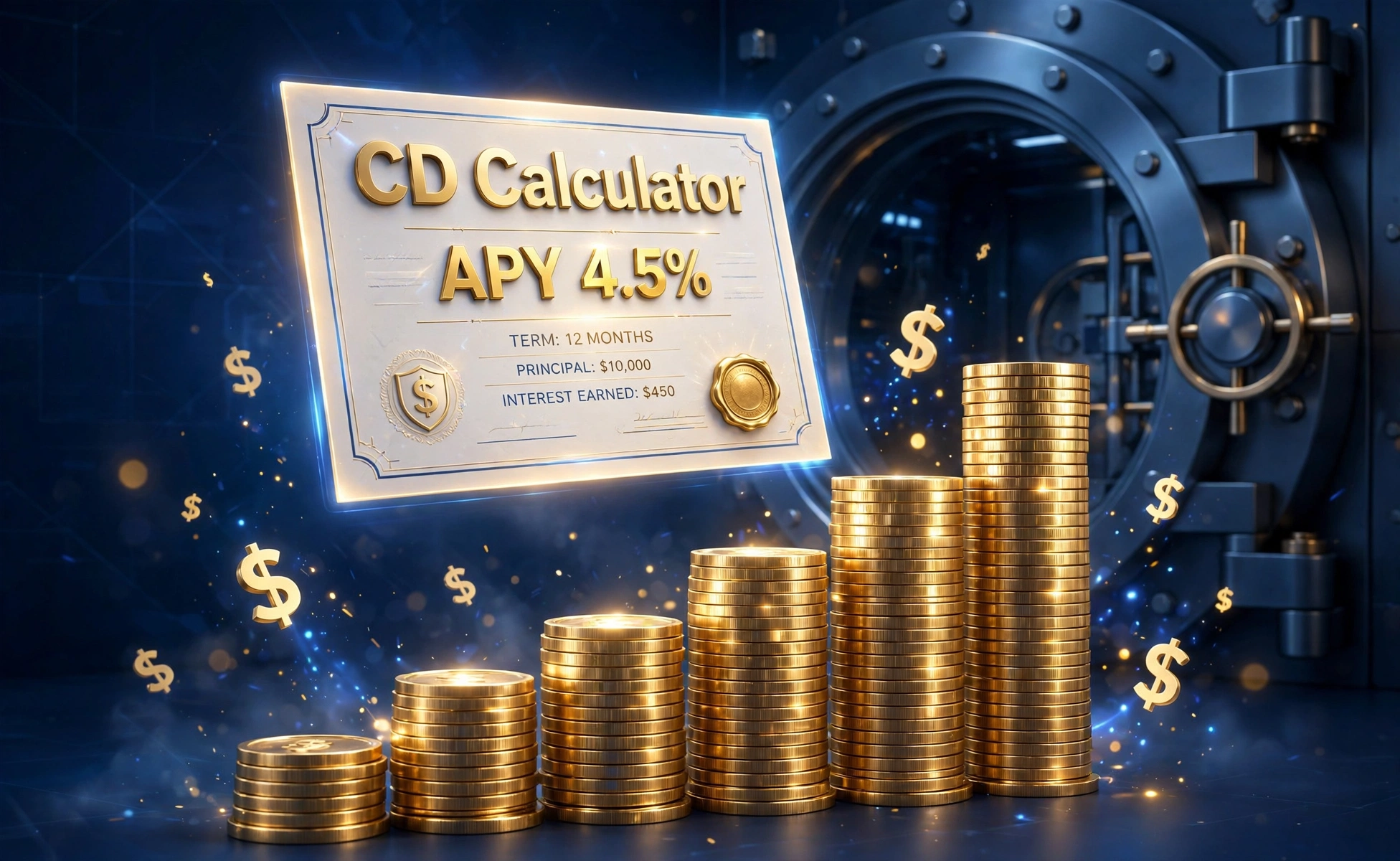 3D-style illustration of a glowing certificate of deposit with CD Calculator and APY 4.5% text, gold coins stacked in a rising bar chart and a bank vault in the background