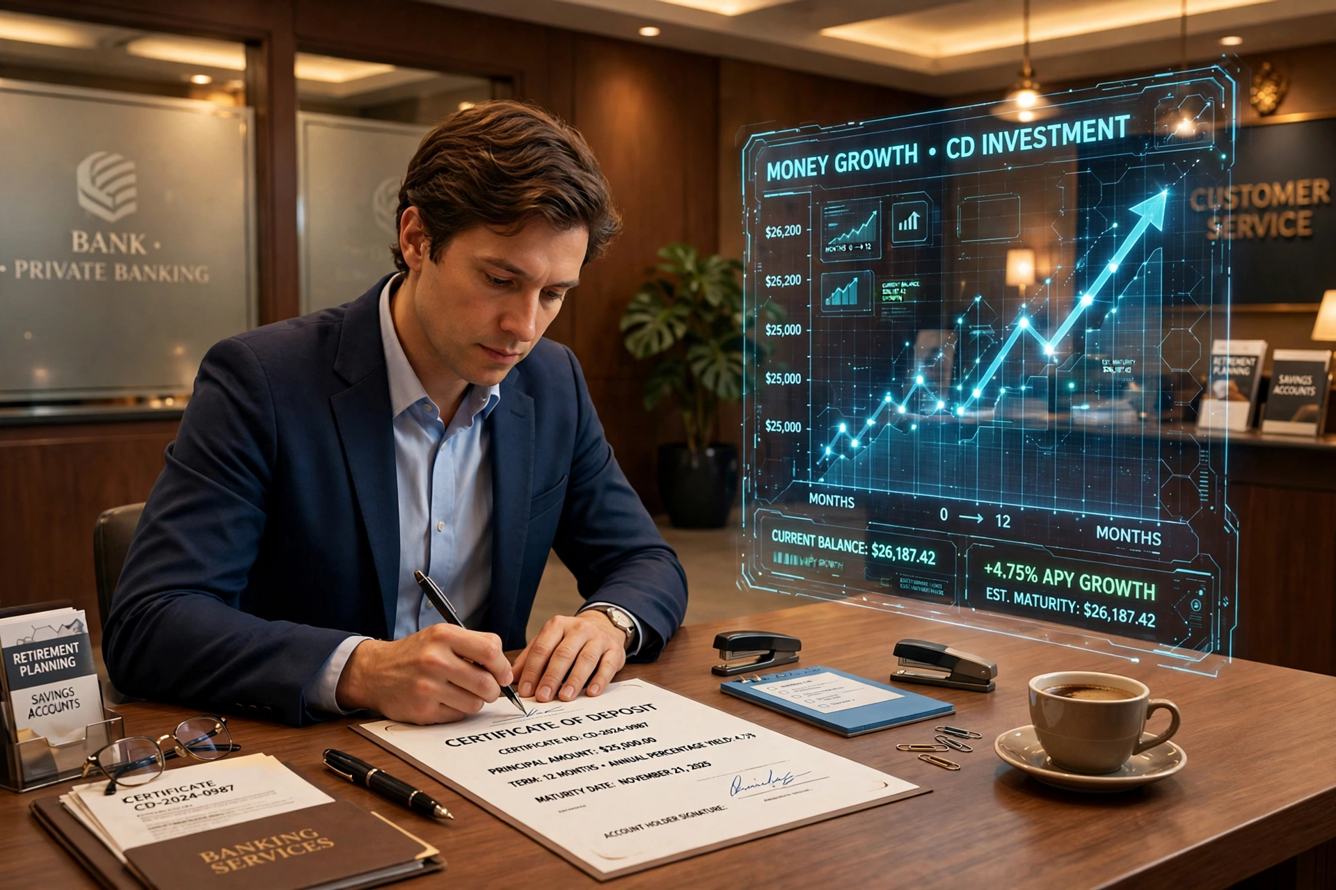 3D scene of a person at a bank desk signing a certificate of deposit while a holographic chart shows money growth
