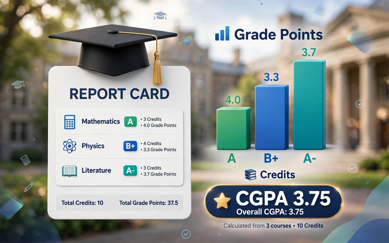 CGPA hero: graduation cap on report card with grades and rising chart