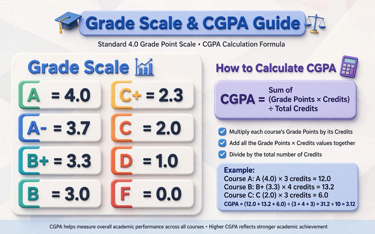 CGPA chart: 4.0 grade scale table from A to F with the weighted formula